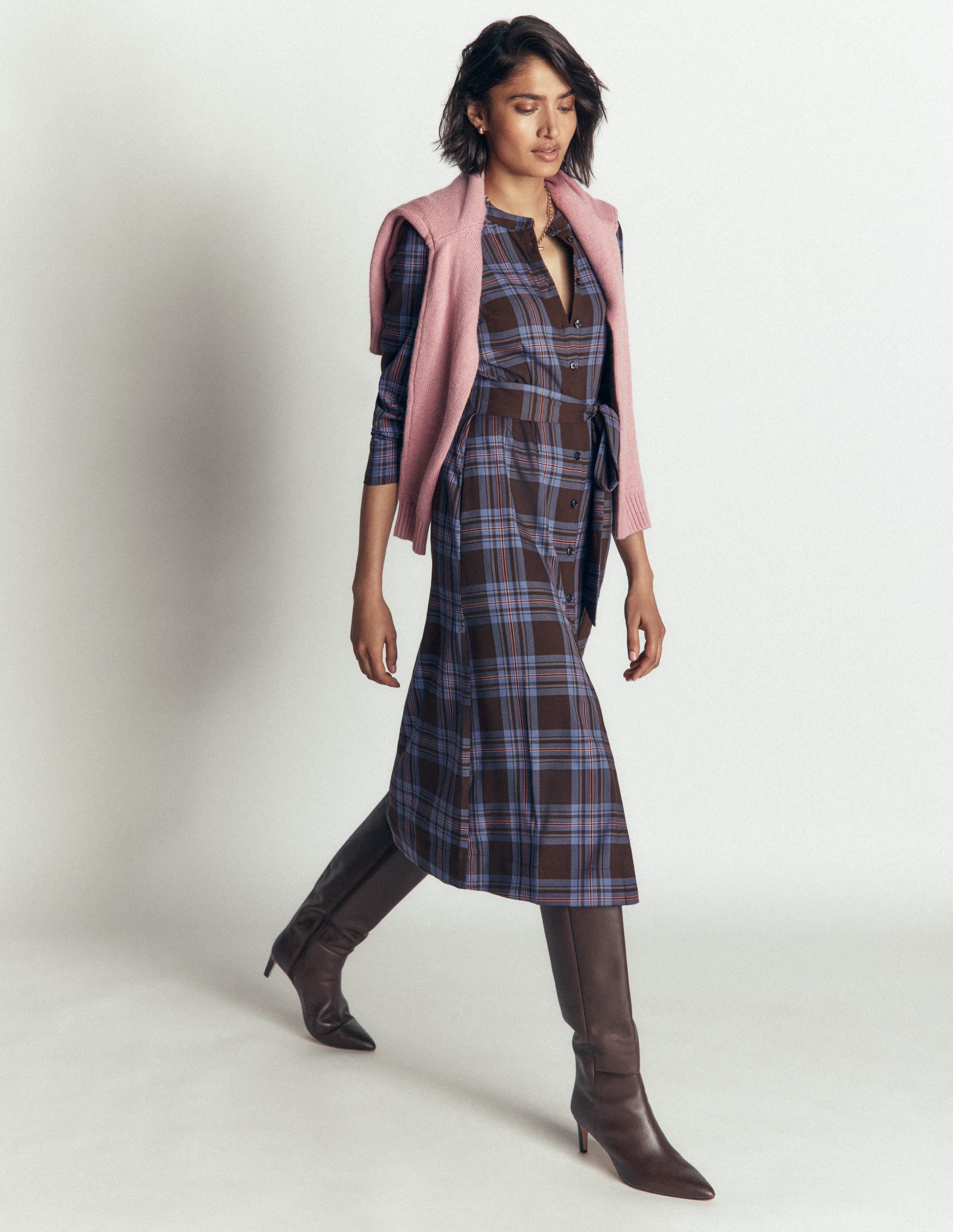 Louise Check Midi Shirt Dress-Brown, Blue and Pink Check - Image 5