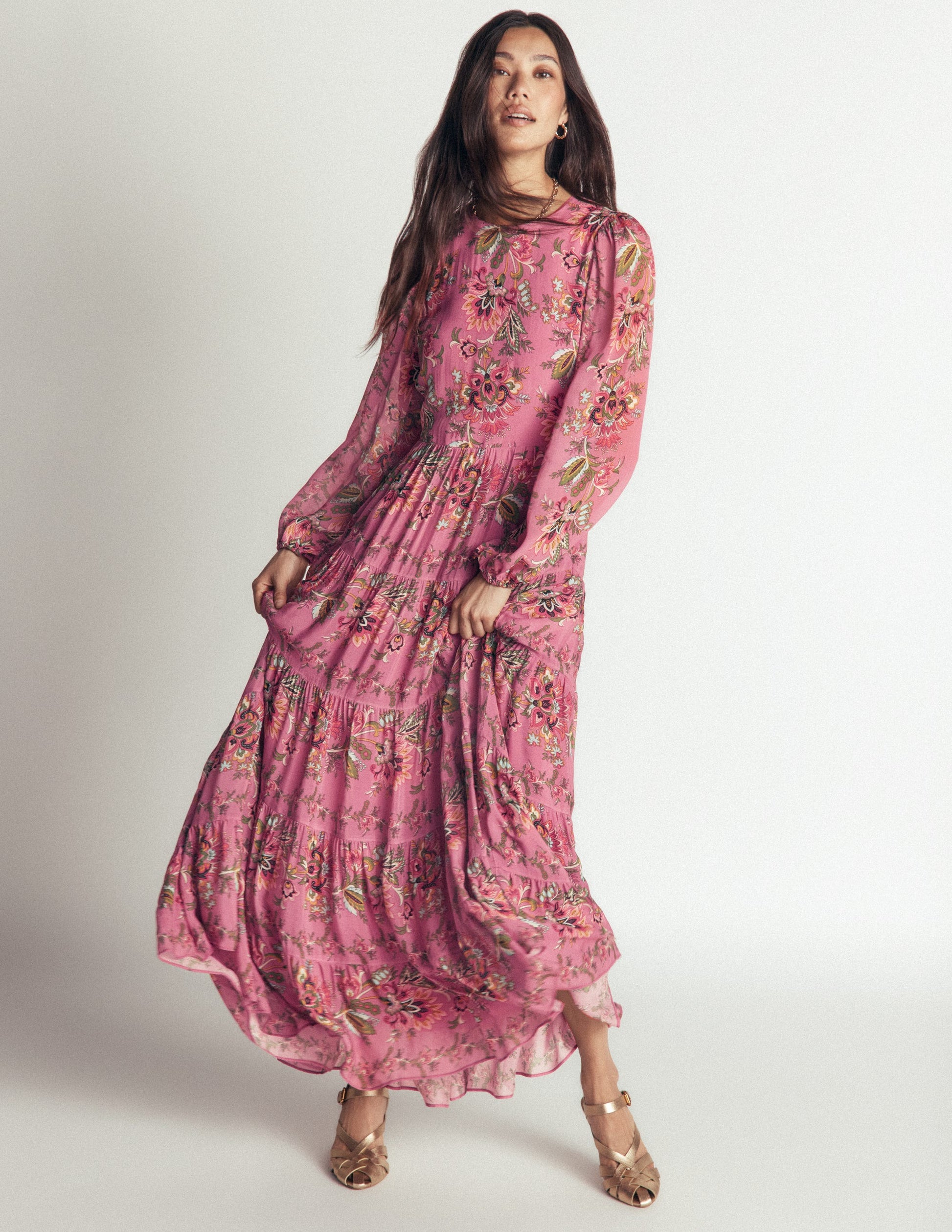 Multi Tiered Maxi Dress-Pink Heather, Frosted Flora-6