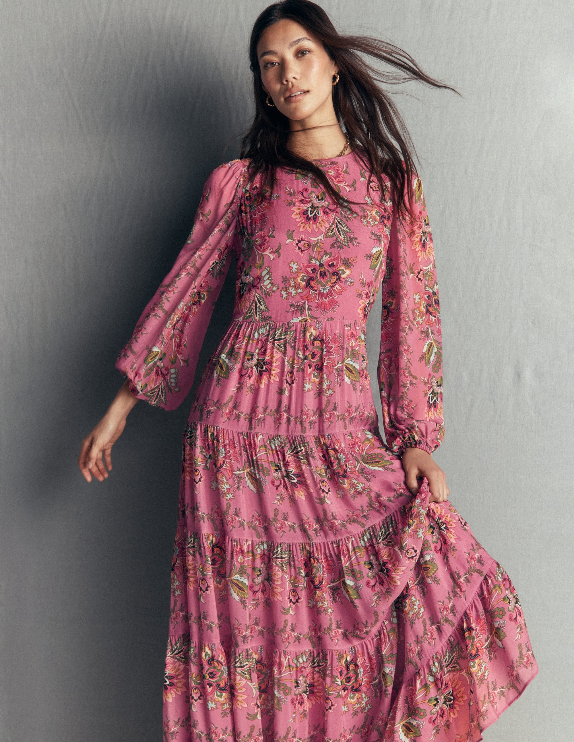 Multi Tiered Maxi Dress-Pink Heather, Frosted Flora - Image 7