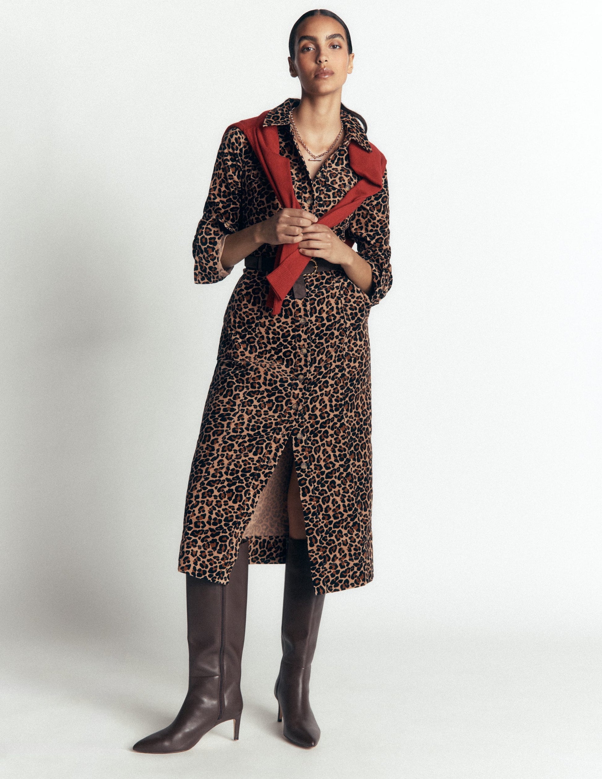 Fleur Cord Midi Dress-Brown, Leopard Fields-5