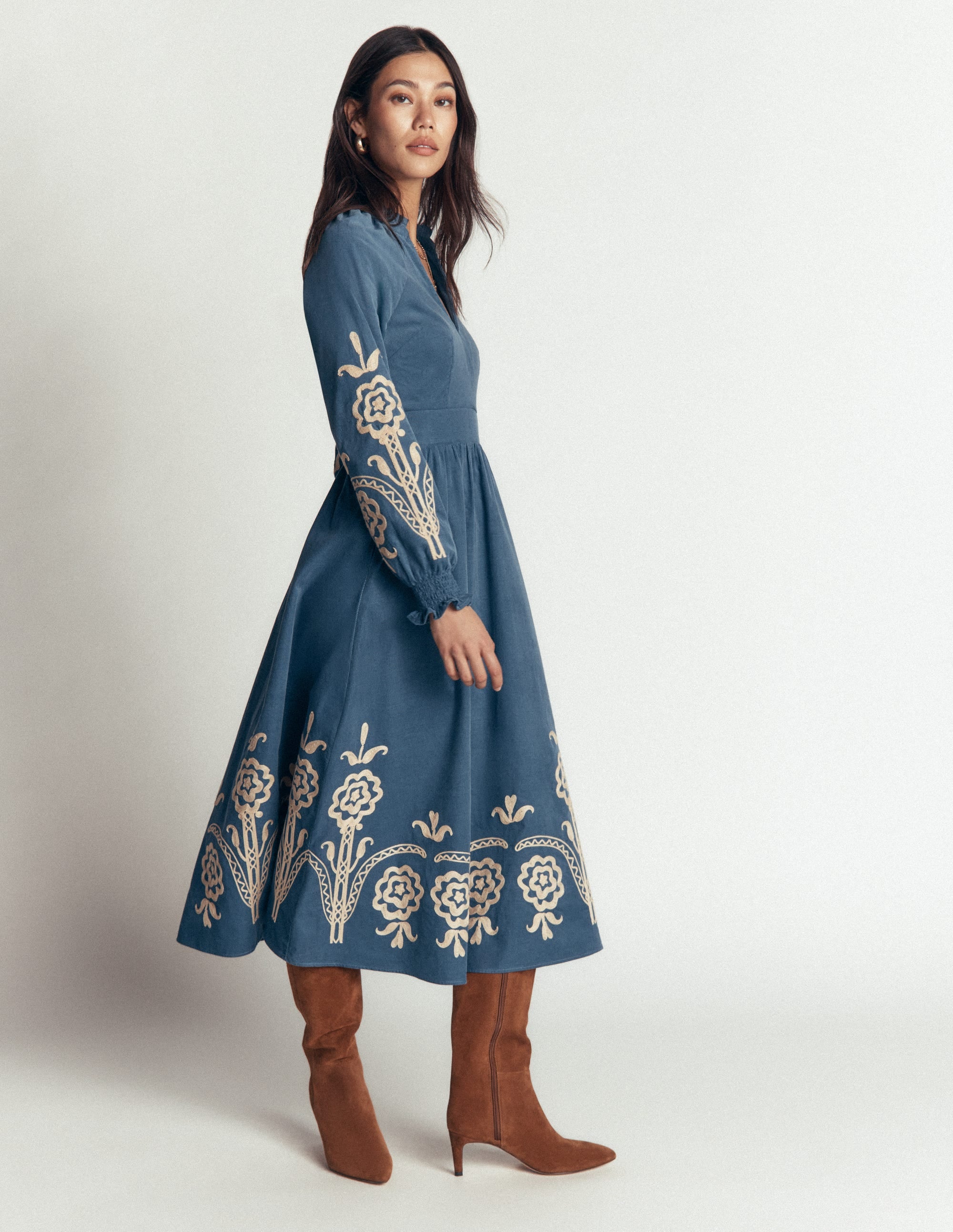Smocked Cord Midi Dress-Storm Blue, Embroidery - Image 2