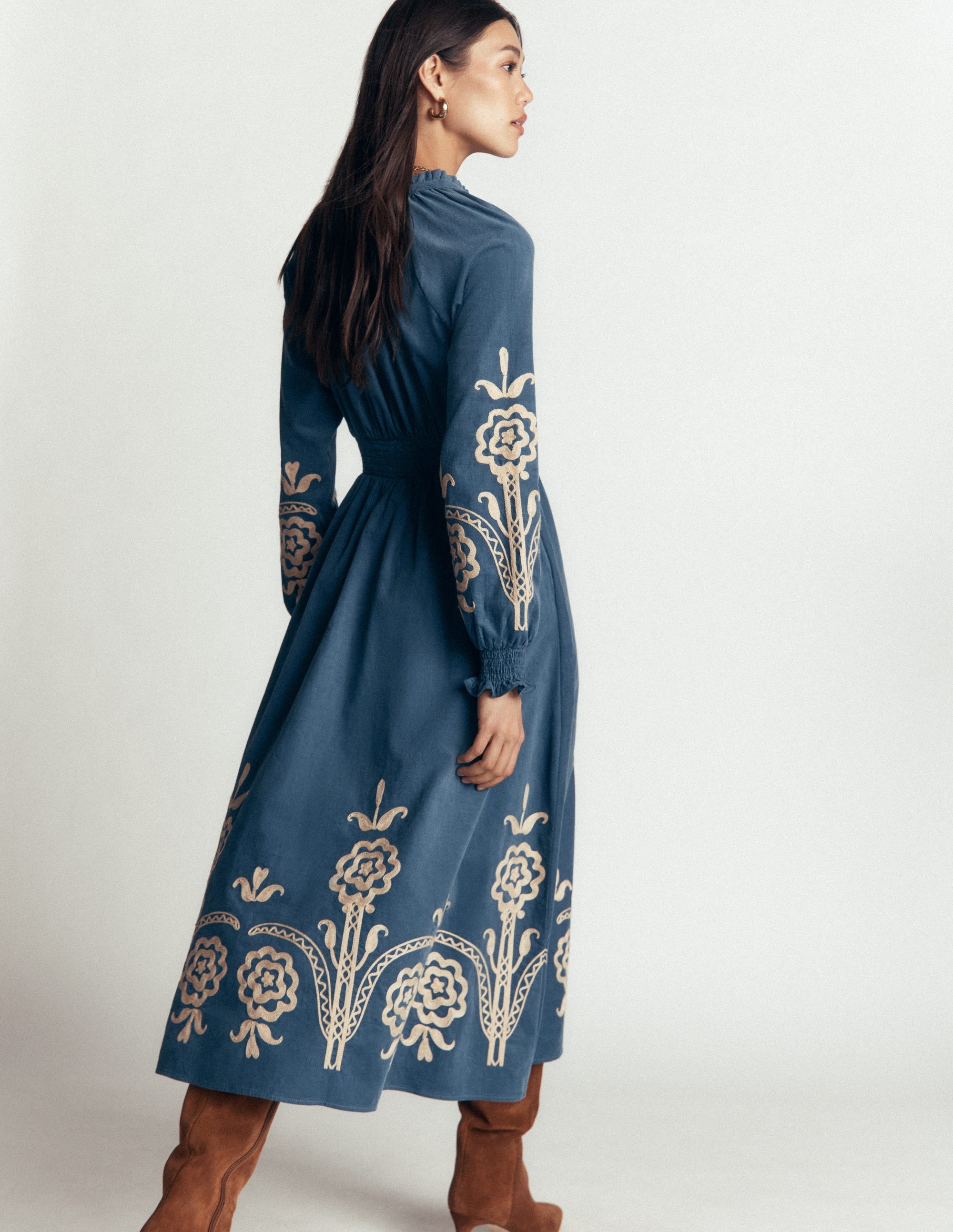 Smocked Cord Midi Dress-Storm Blue, Embroidery - Image 4