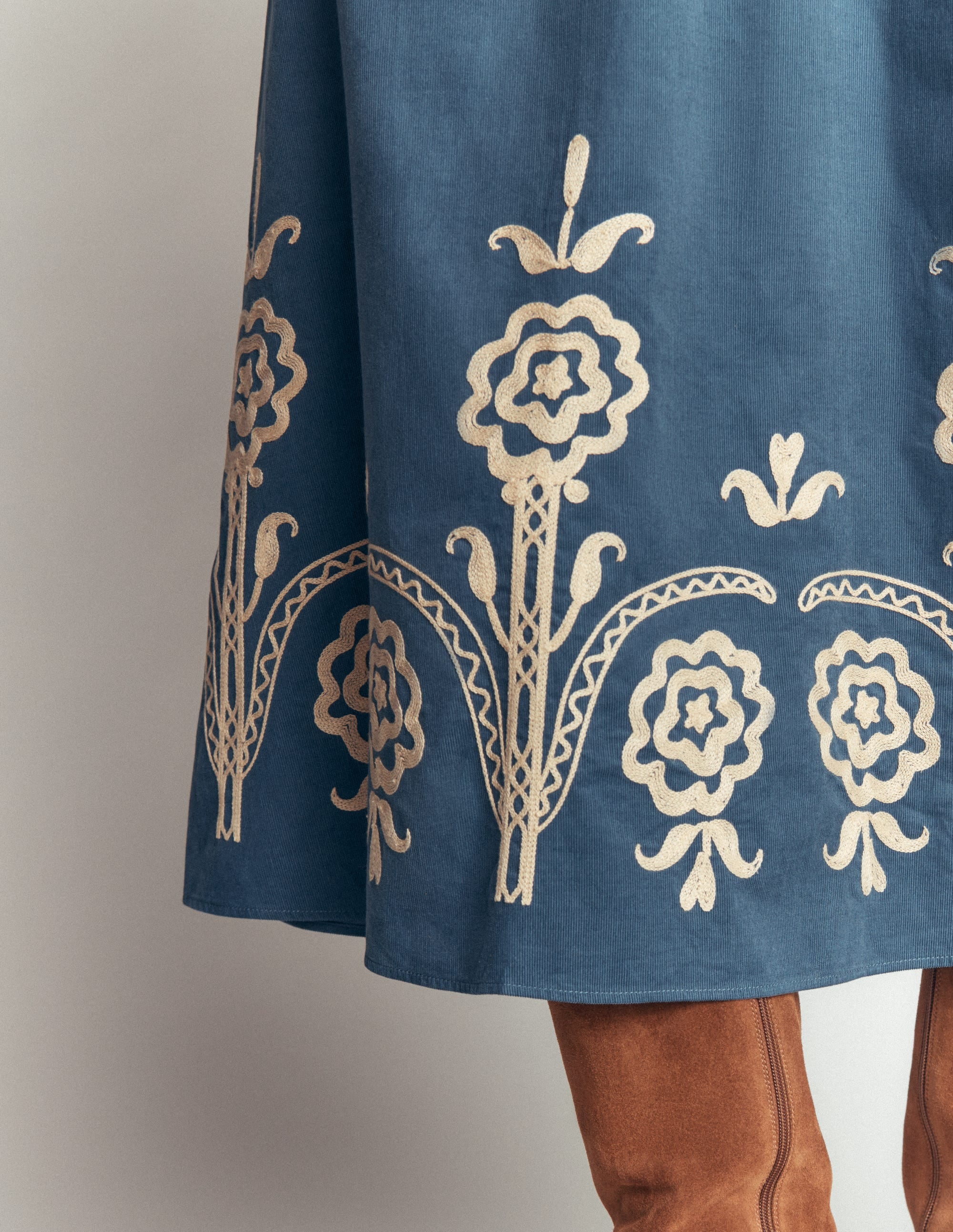 Smocked Cord Midi Dress-Storm Blue, Embroidery - Image 5