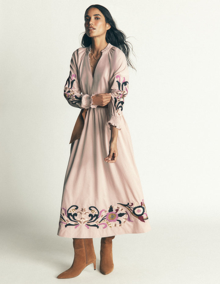 Smocked Cord Midi Dress-Almond Peach, Embroidery