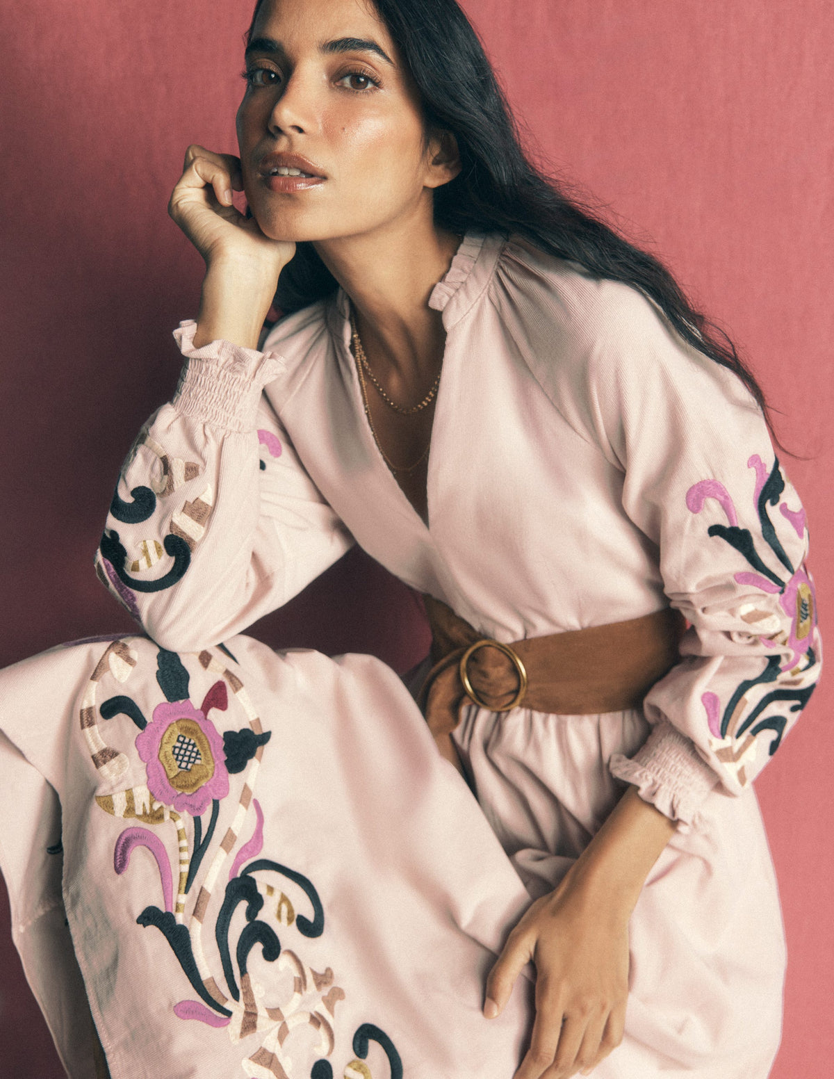 Smocked Cord Midi Dress-Almond Peach, Embroidery - Image 2
