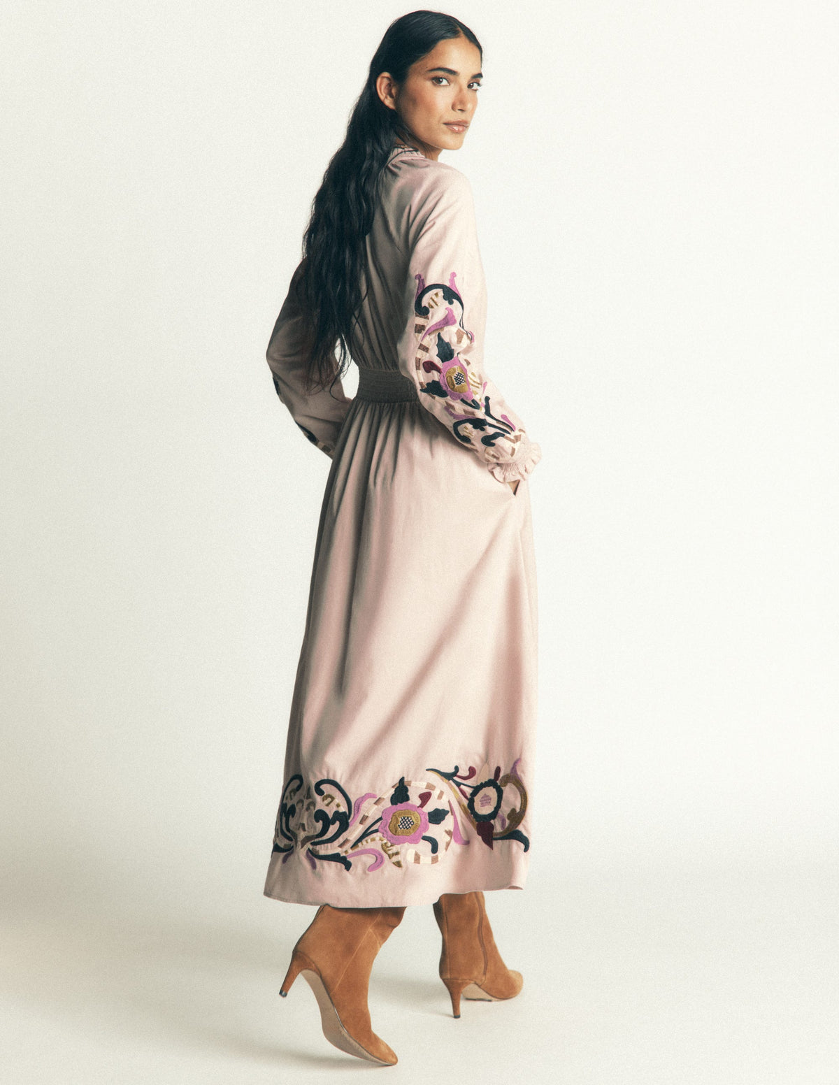 Smocked Cord Midi Dress-Almond Peach, Embroidery - Image 3