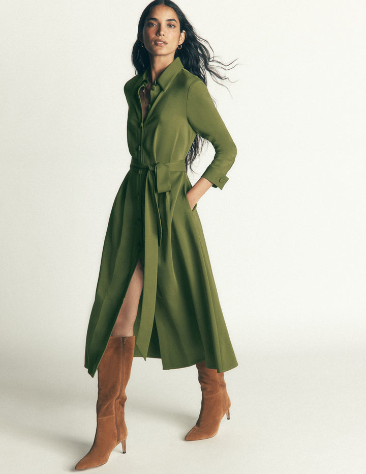 Kate Pleated Shirt Dress-Forest Green