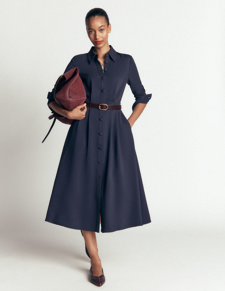 Kate Pleated Shirt Dress-Navy