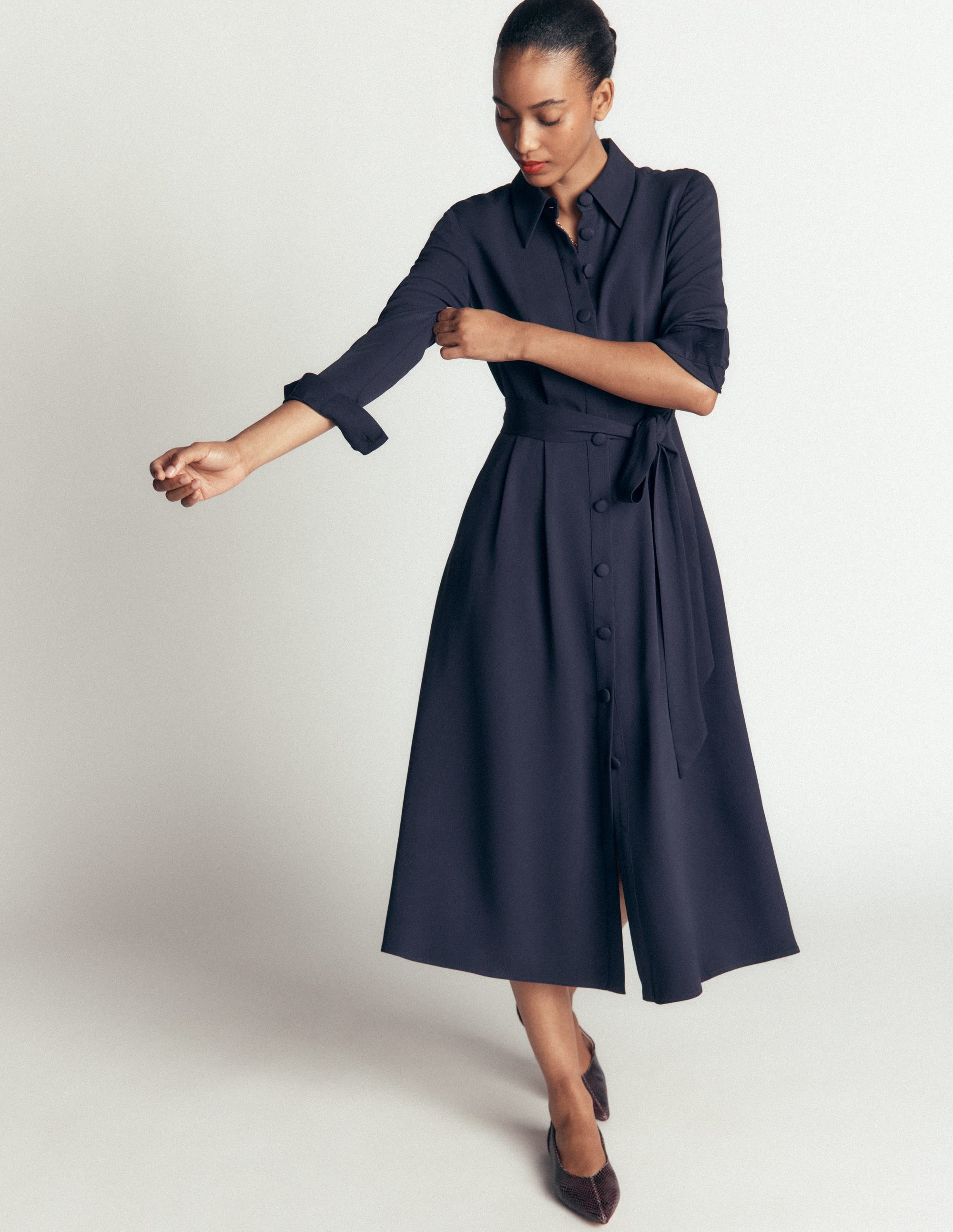 Kate Pleated Shirt Dress-Navy - Image 4