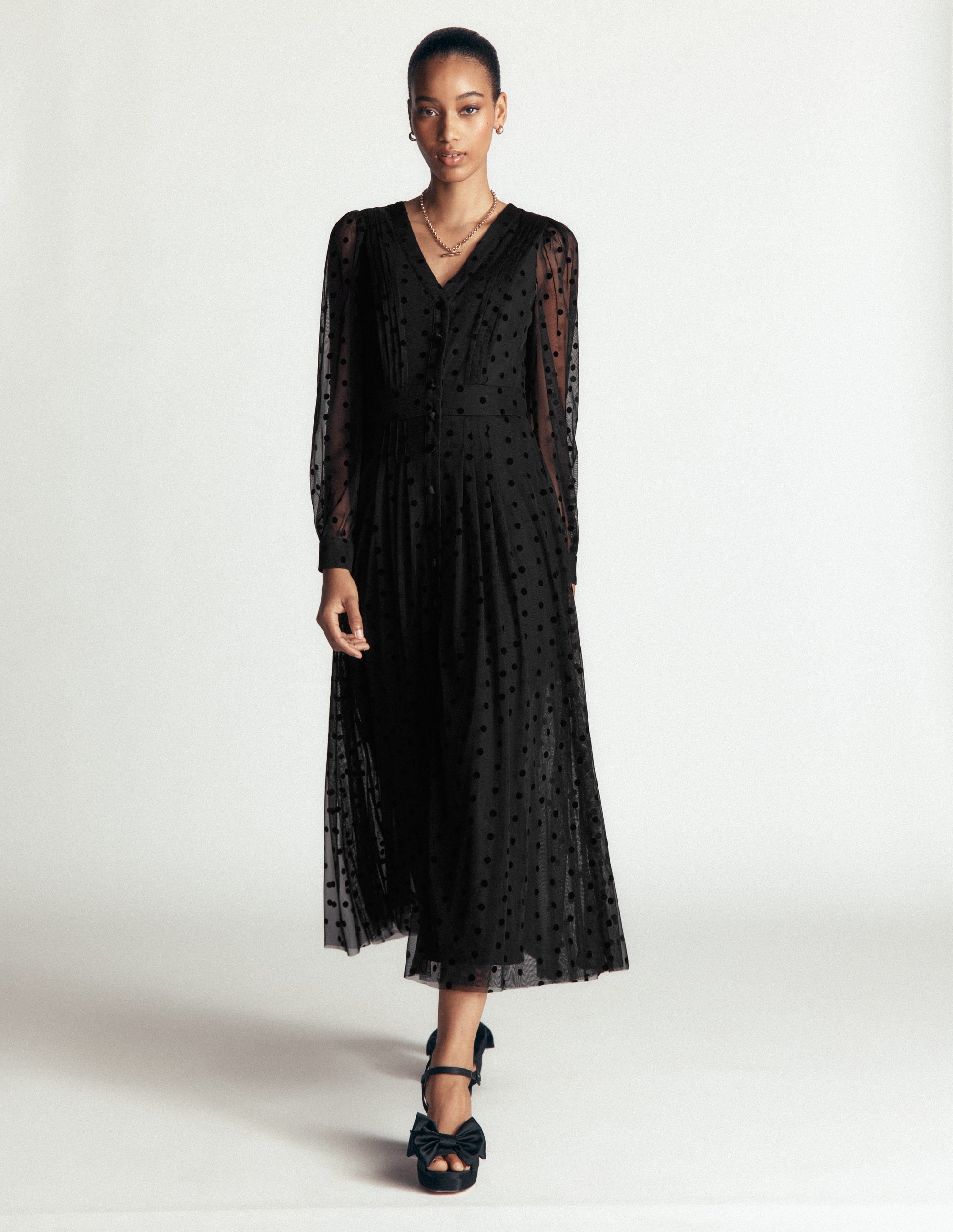 Pleated Tulle Midi Dress-Black - Image 1