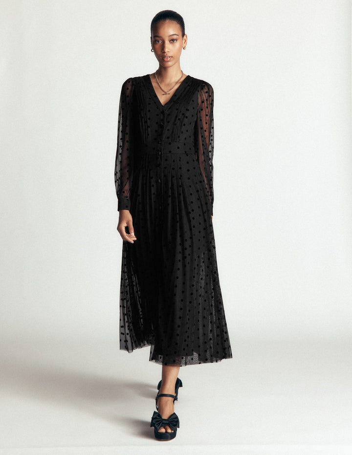Pleated Tulle Midi Dress-Black