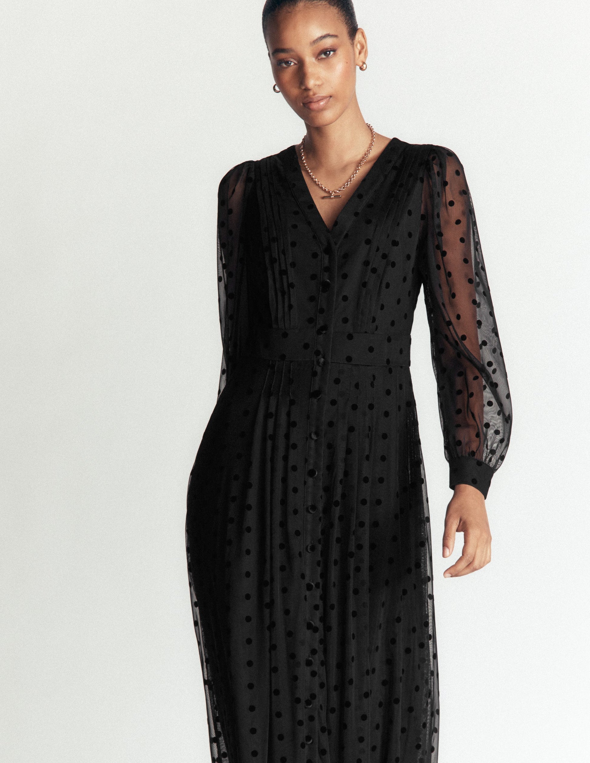 Pleated Tulle Midi Dress-Black-5