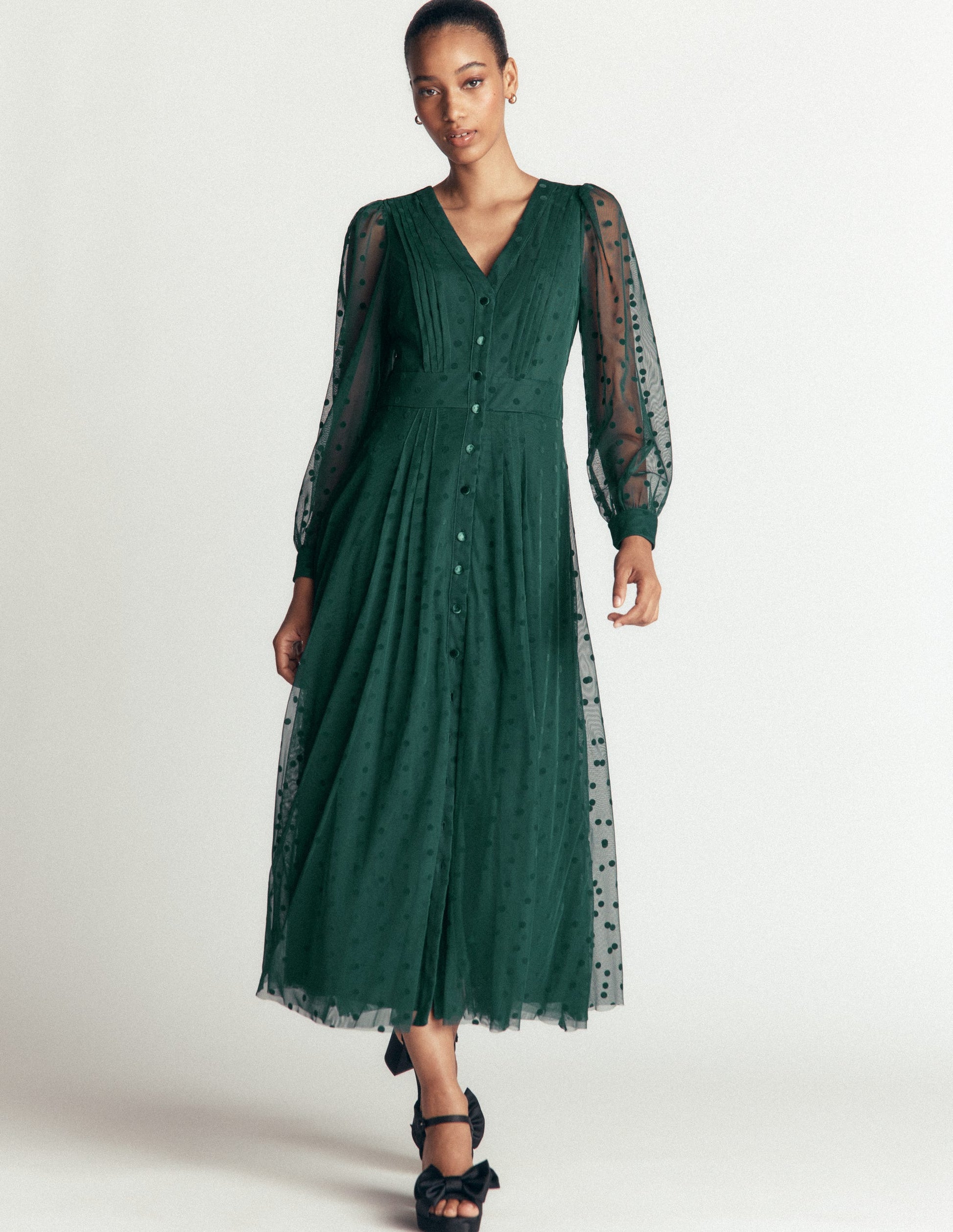 Pleated Tulle Midi Dress-Midnight Teal-4