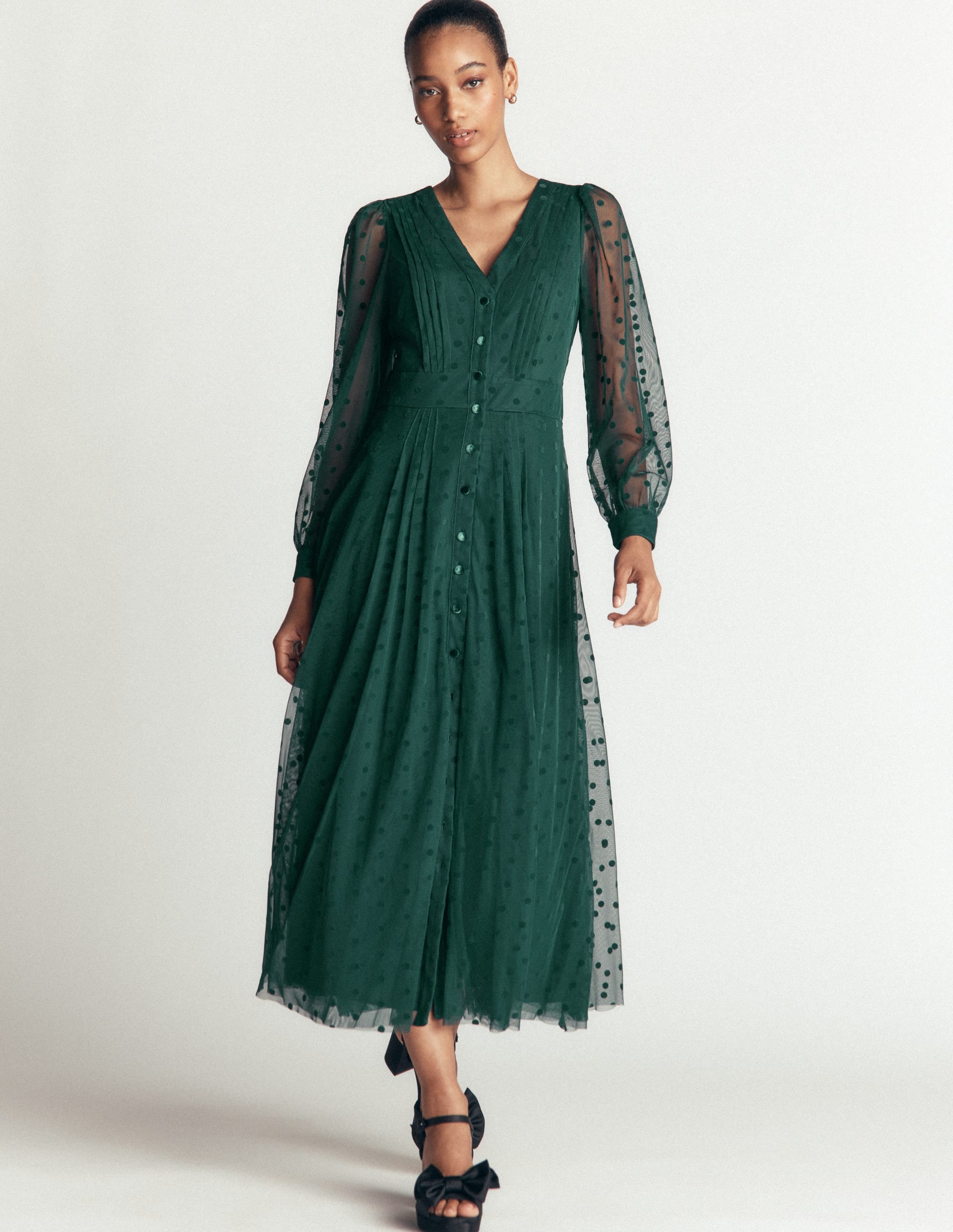 Pleated Tulle Midi Dress-Midnight Teal - Image 4