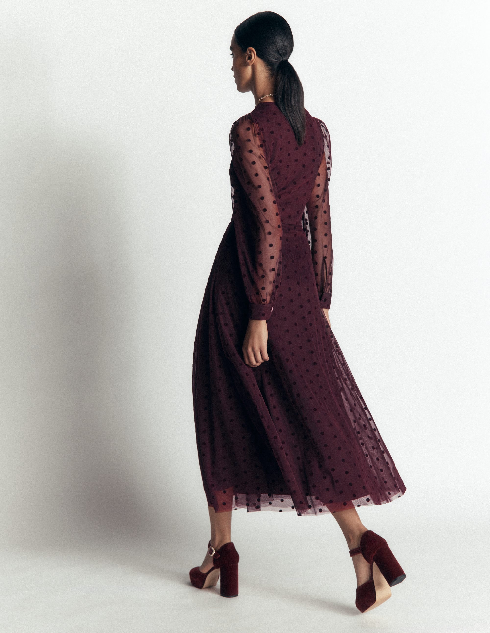 Pleated Tulle Midi Dress-Dark Cherry - Image 4