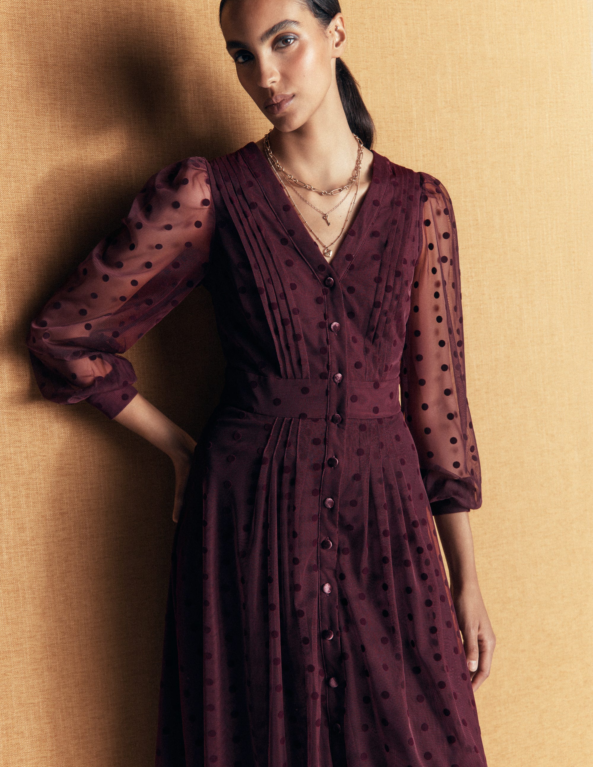 Pleated Tulle Midi Dress-Dark Cherry - Image 5
