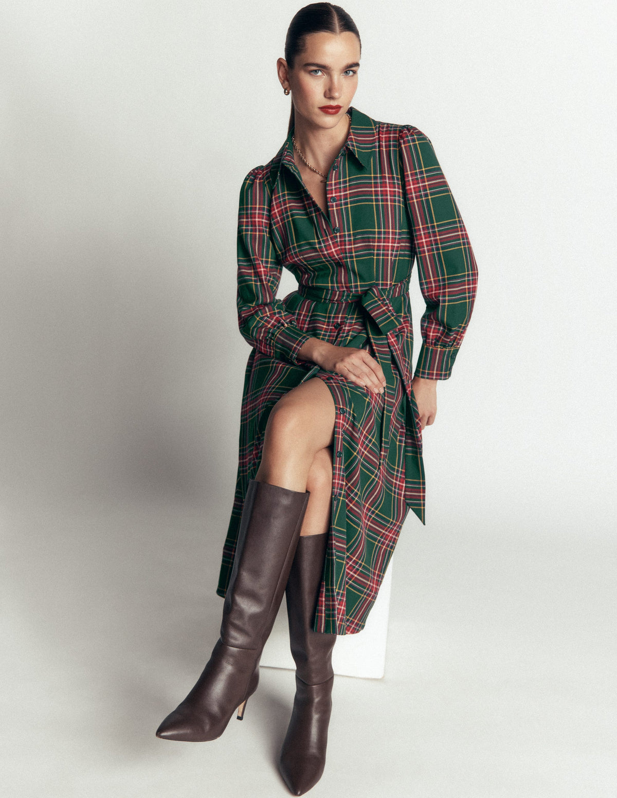 Maeve Check Midi Shirt Dress-Green, Navy and Red Check-1
