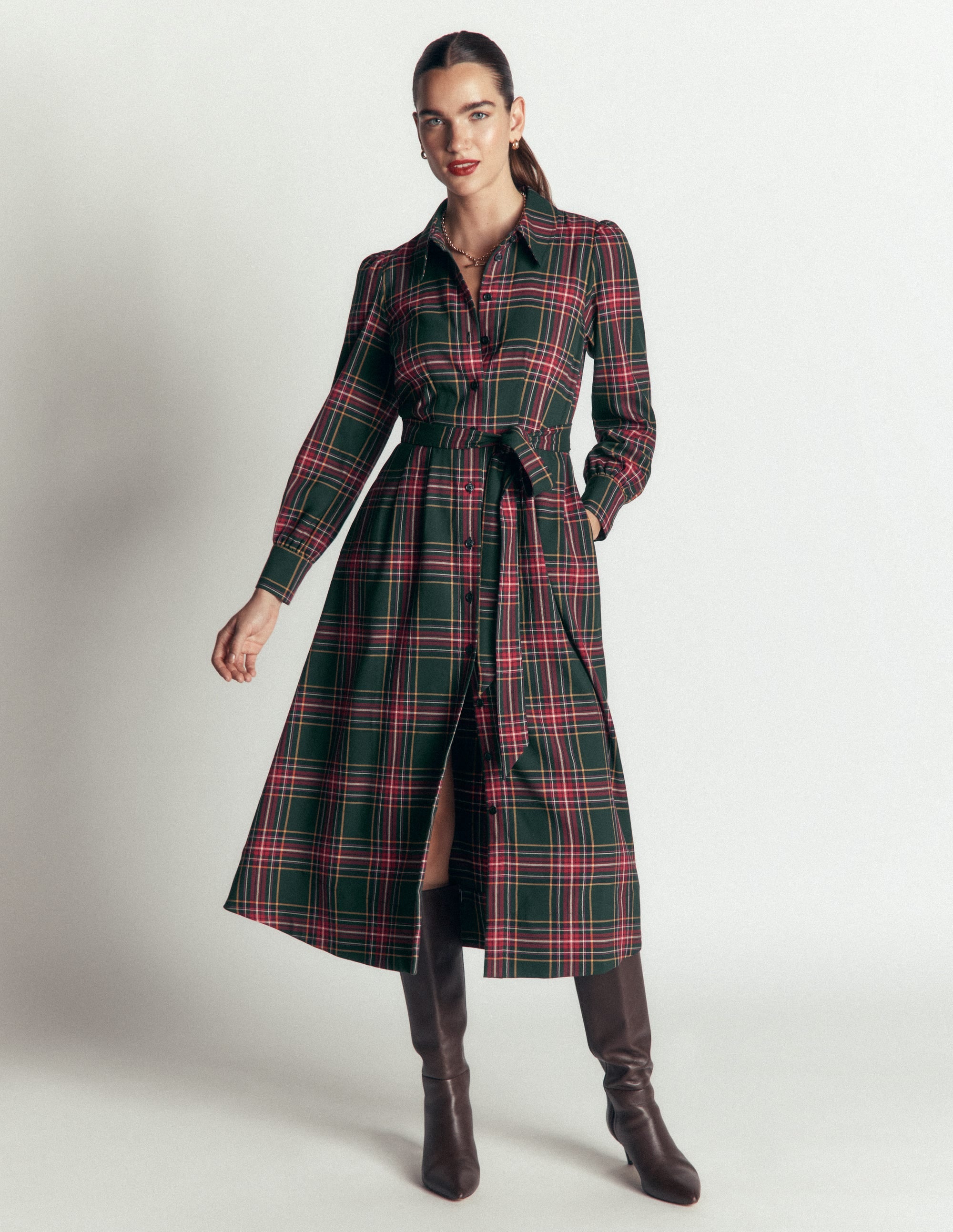 Maeve Check Midi Shirt Dress-Green, Navy and Red Check - Image 5