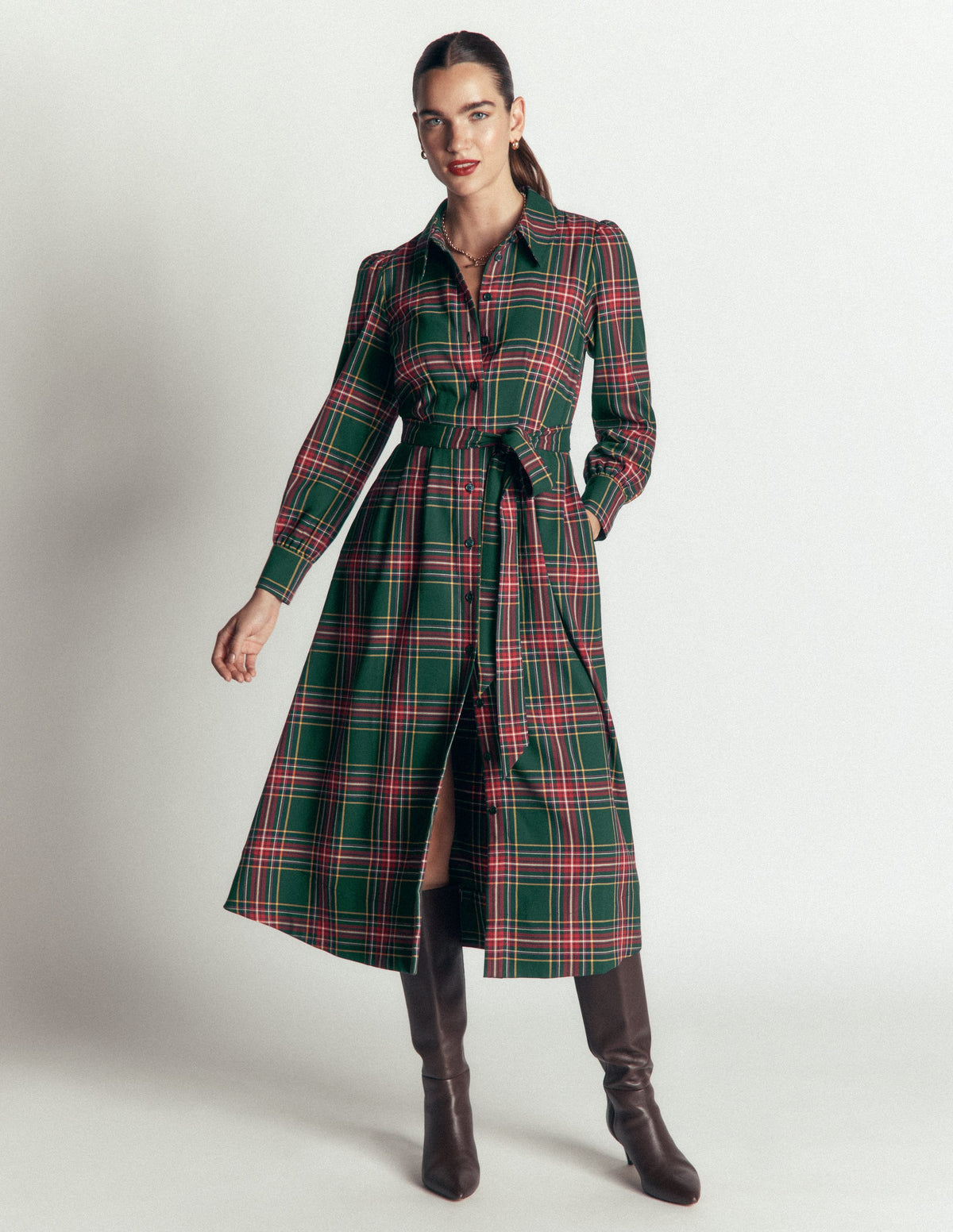 Maeve Check Midi Shirt Dress-Green, Navy and Red Check-5