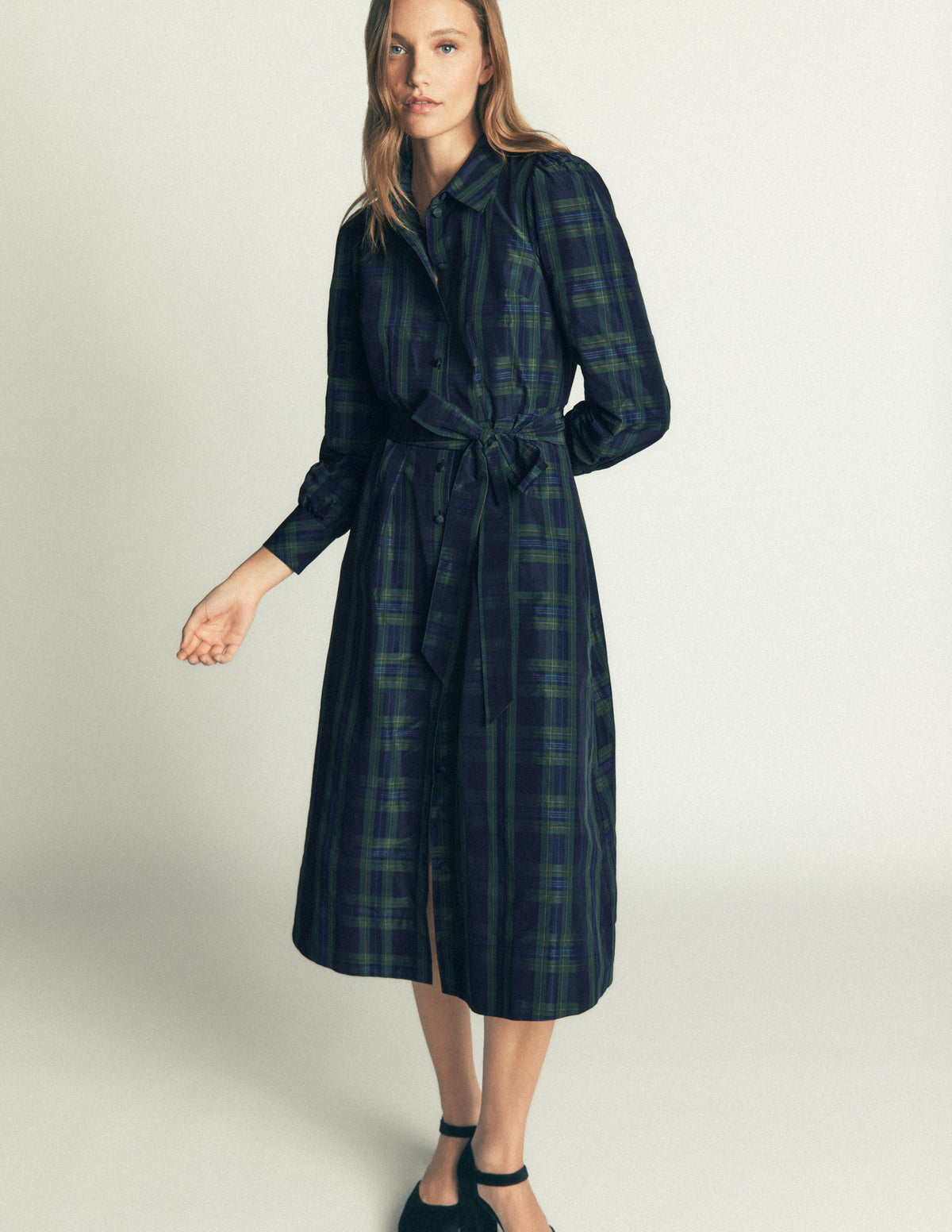 Maeve Occasion Shirt Dress-Navy, Green and Blue Check - Image 2