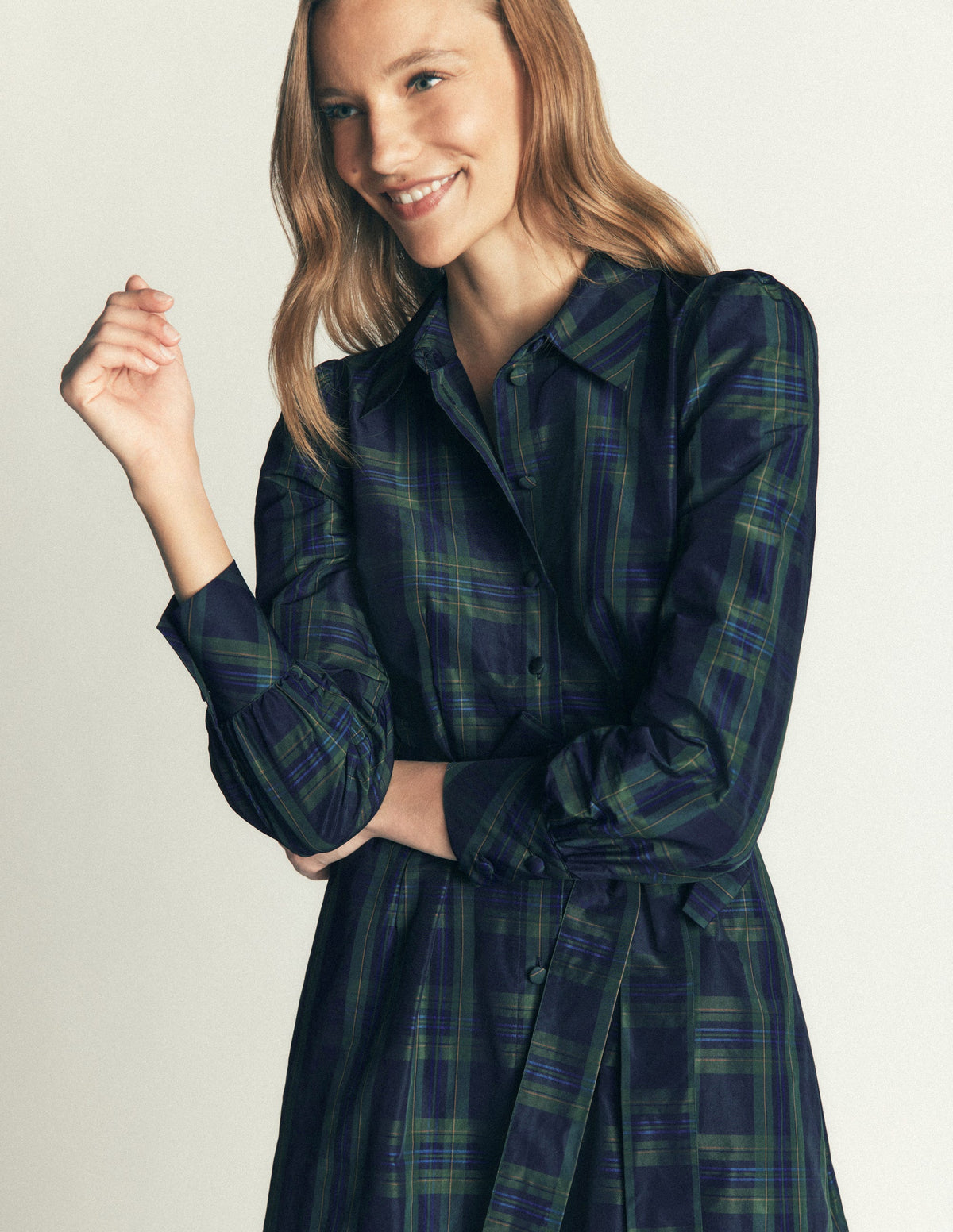 Maeve Occasion Shirt Dress-Navy, Green and Blue Check - Image 3