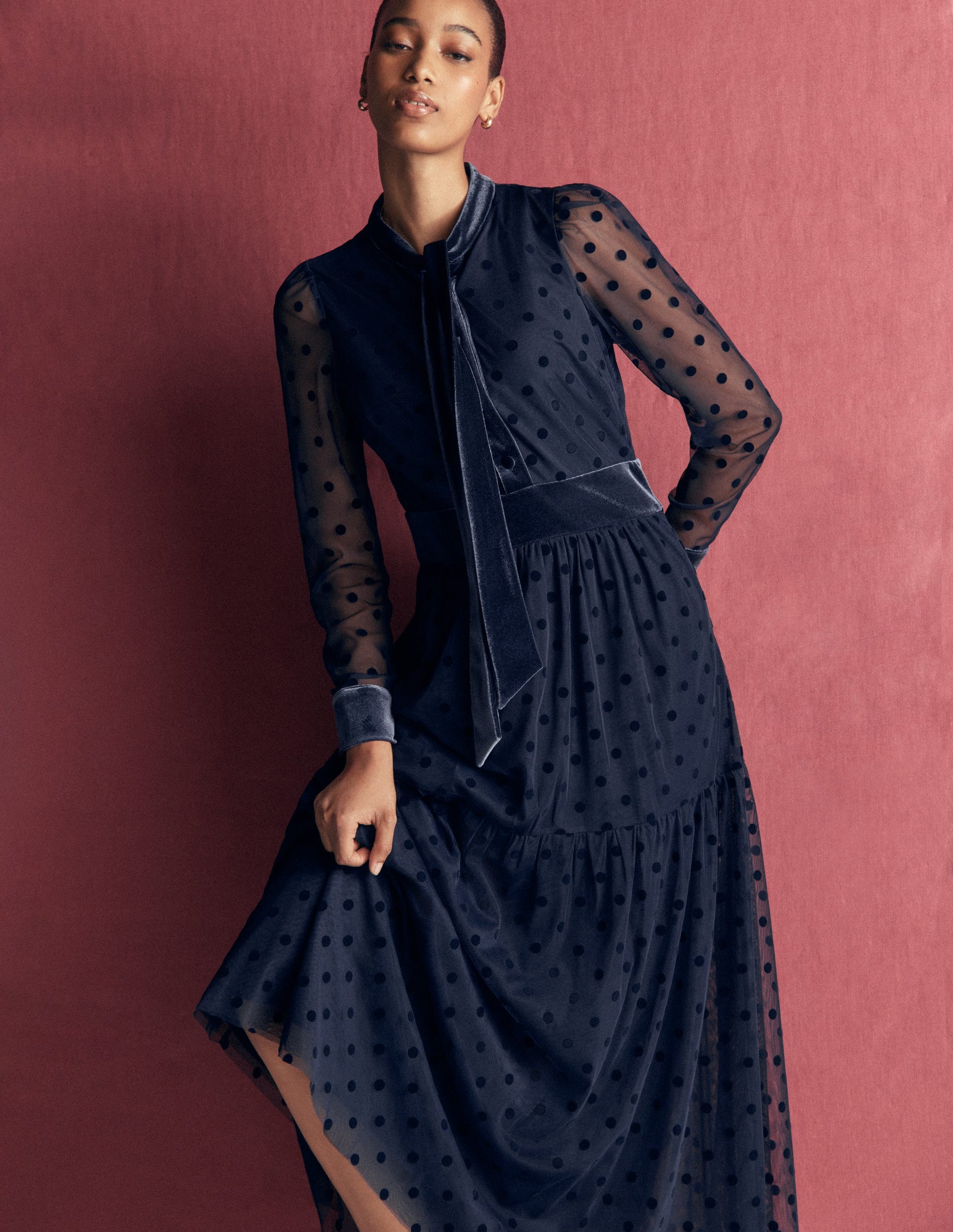 Tie Neck Tiered Tulle Dress-Navy-3