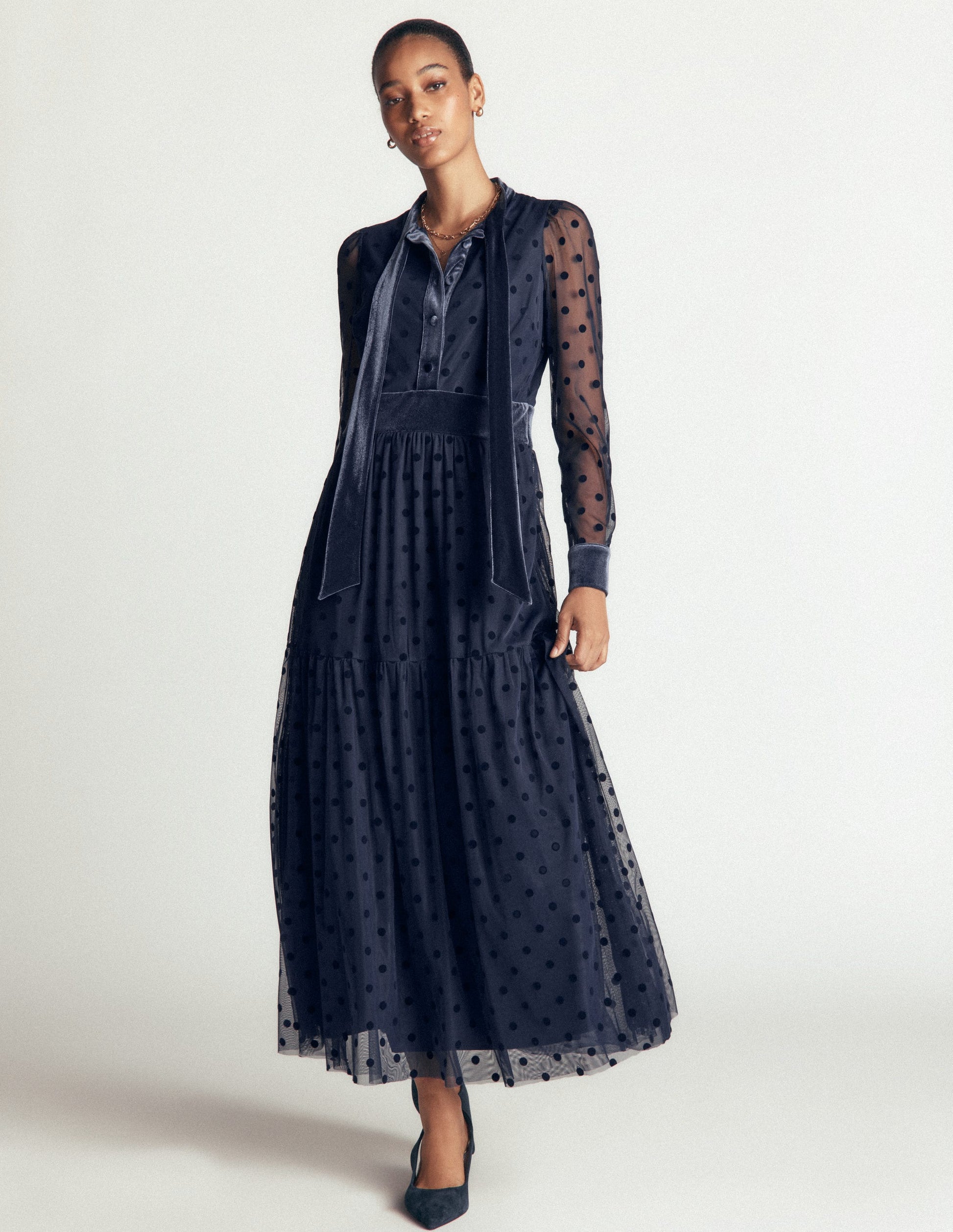 Tie Neck Tiered Tulle Dress-Navy-6