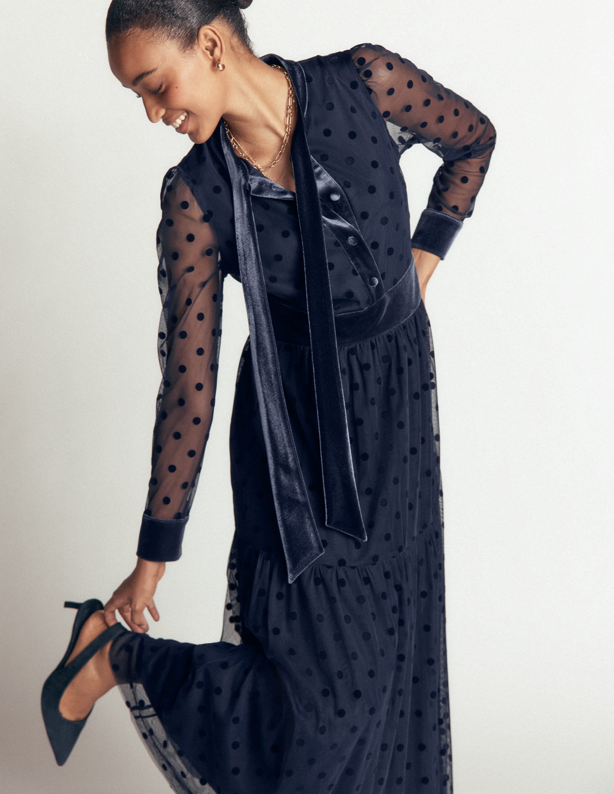 Tie Neck Tiered Tulle Dress-Navy - Image 6