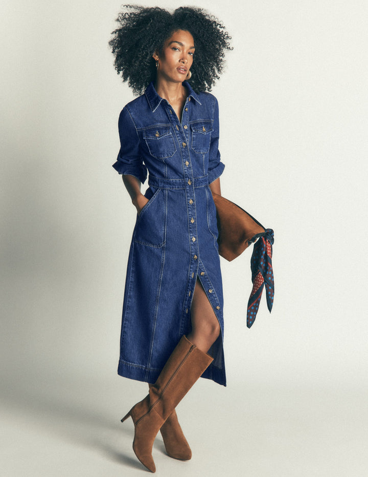 Fleur Denim Midi Dress-Mid Vintage Denim