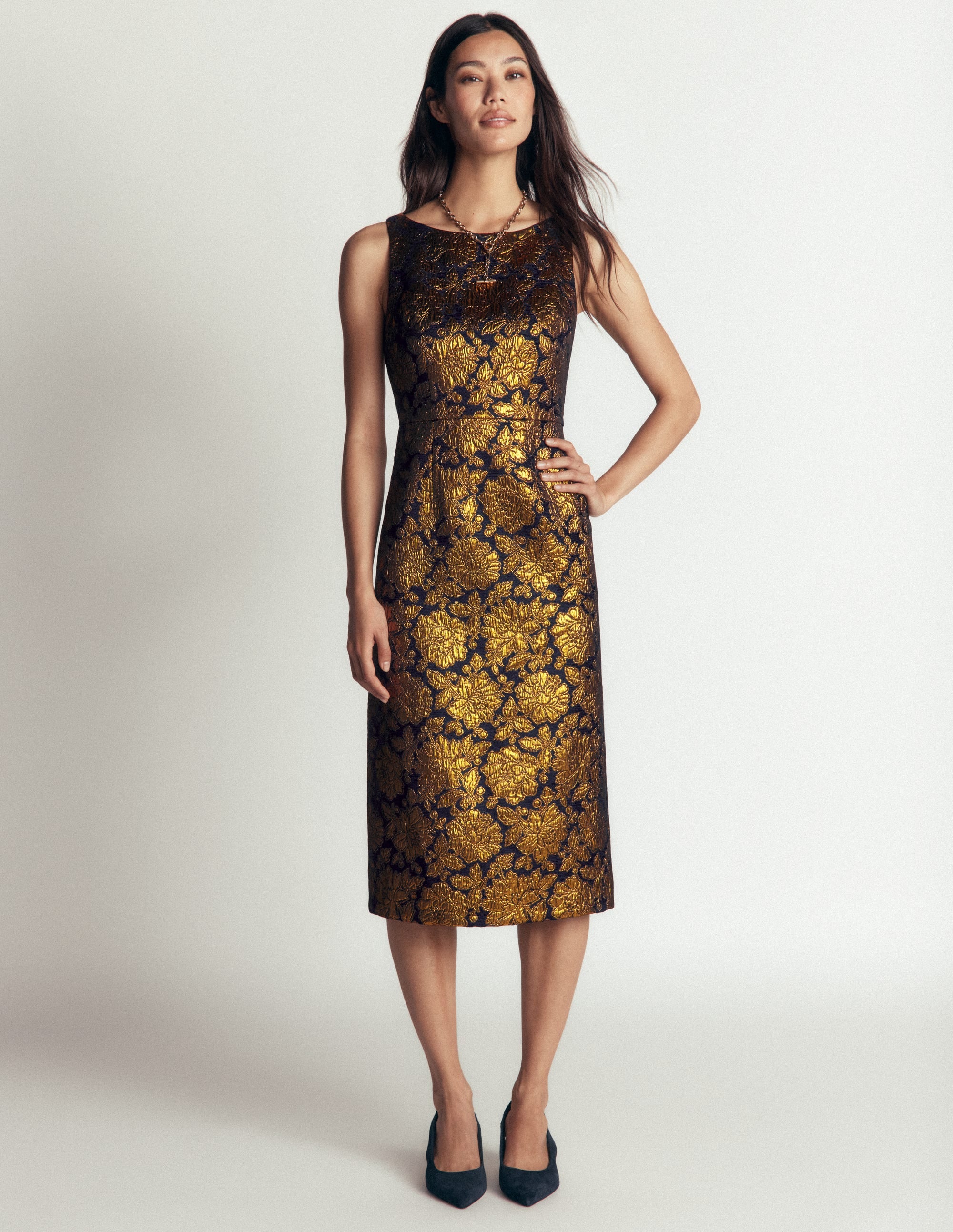 Jacquard Boat Neck Dress-Gold Floral Jacquard - Image 2