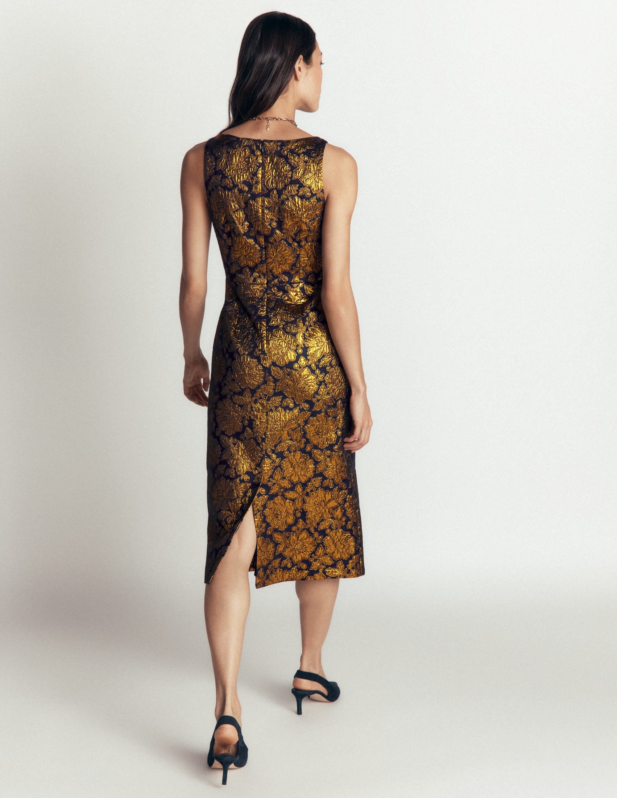 Jacquard Boat Neck Dress-Gold Floral Jacquard - Image 4
