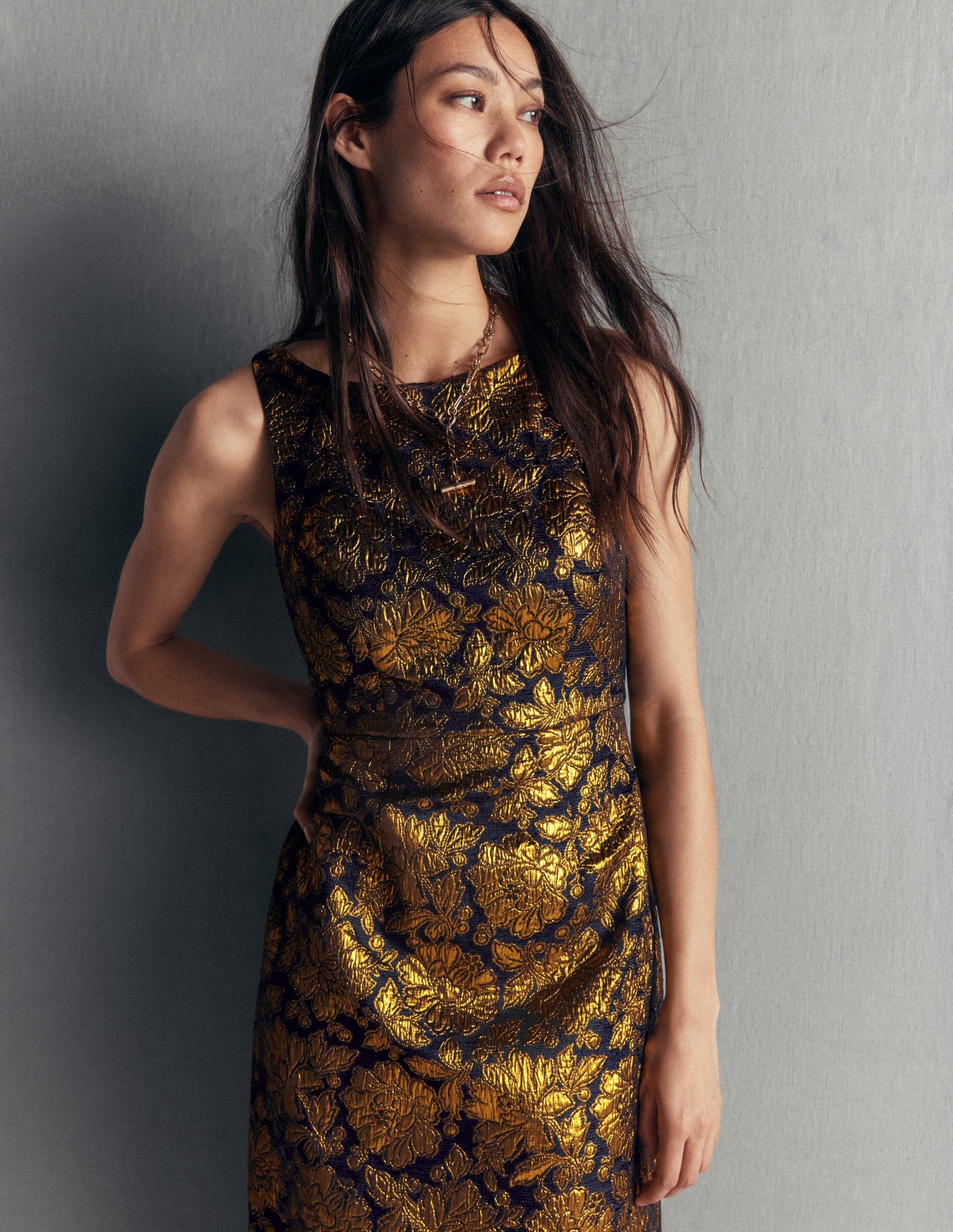 Jacquard Boat Neck Dress-Gold Floral Jacquard-6