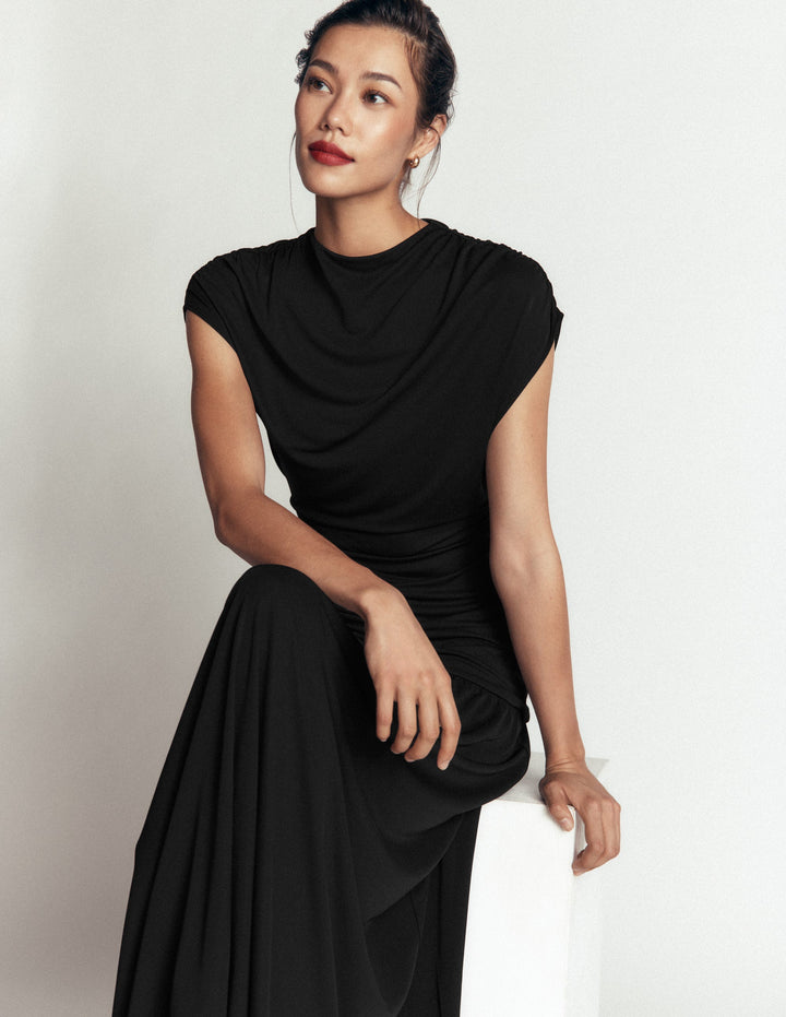 Drape Jersey Crepe Maxi Dress-Black