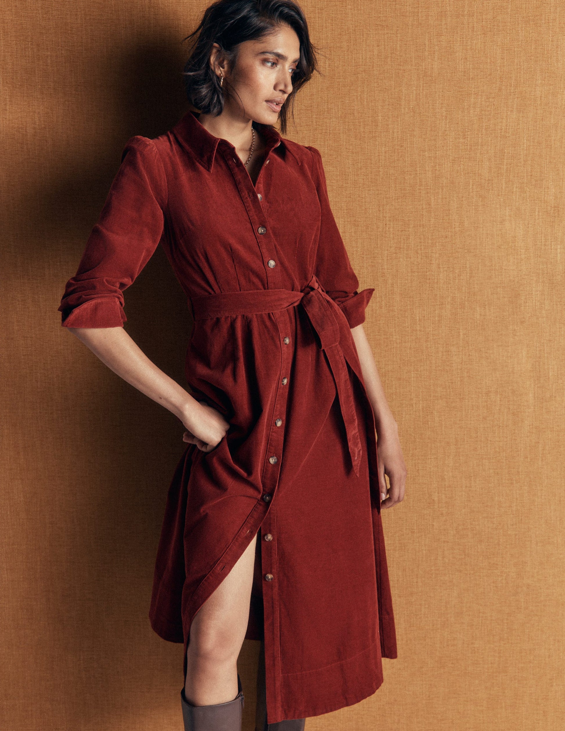 Maeve Cord Midi Shirt Dress-Spiced Apple-1