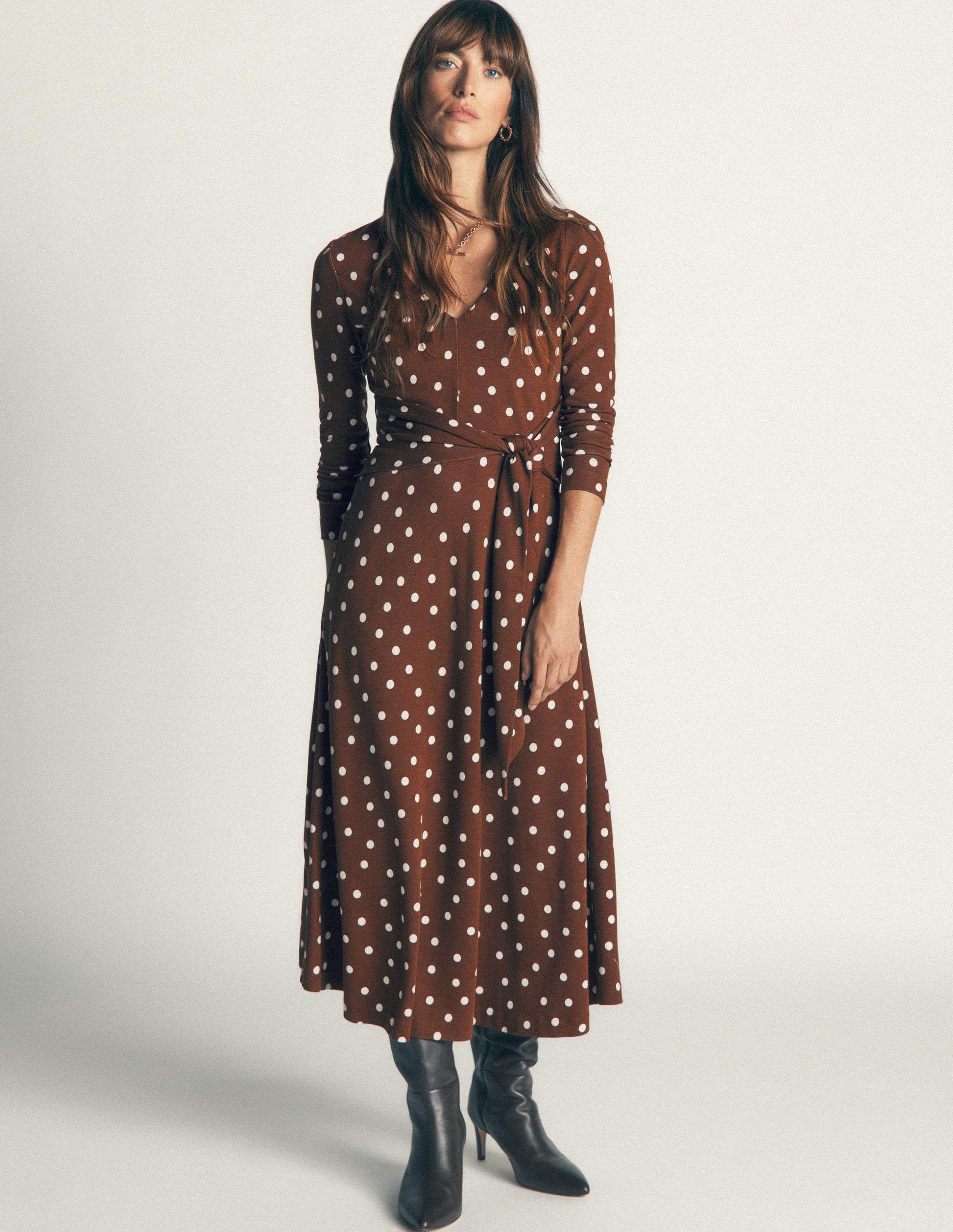 Tie Waist Ponte Dress-Raw Umber, Painted Dot-1