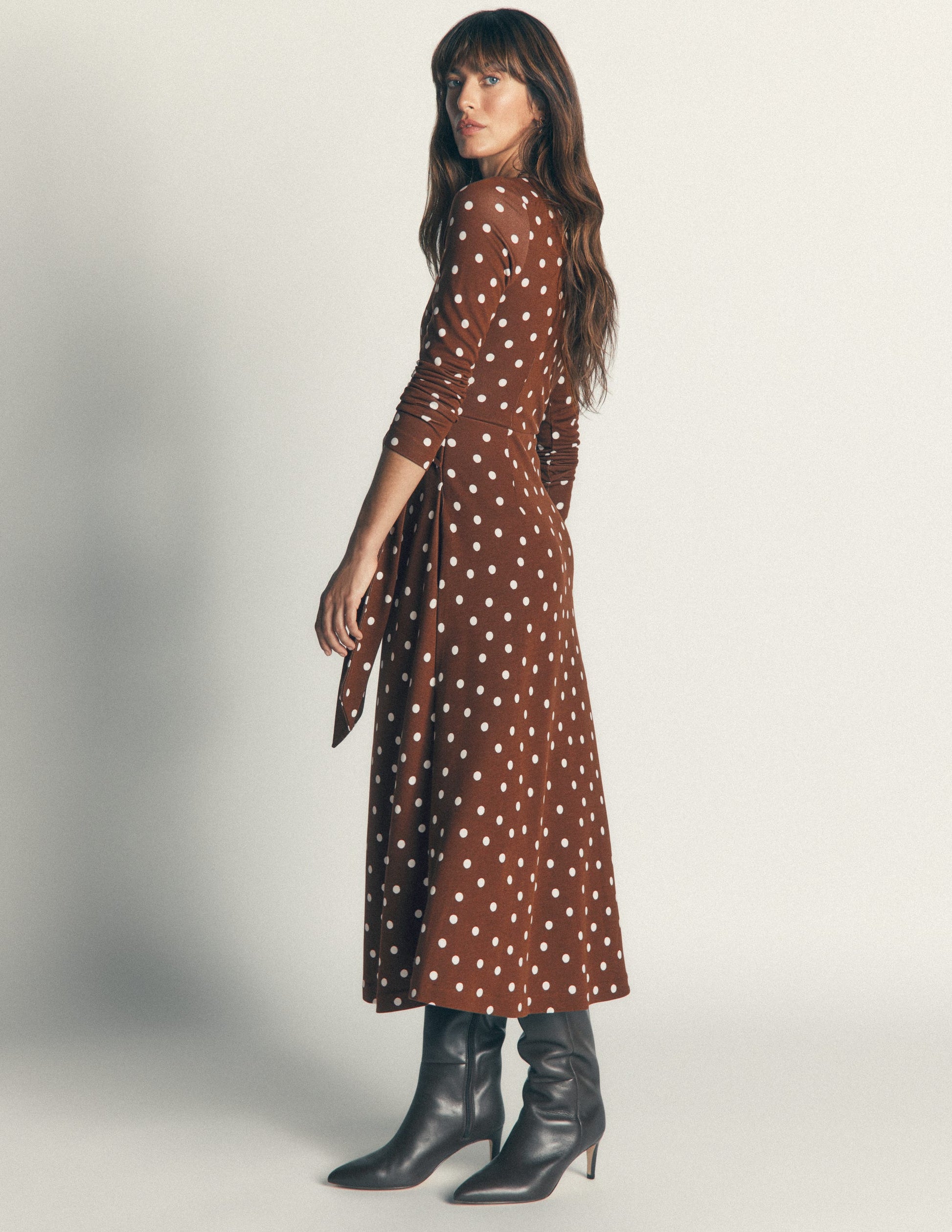Tie Waist Ponte Dress-Raw Umber, Painted Dot-3