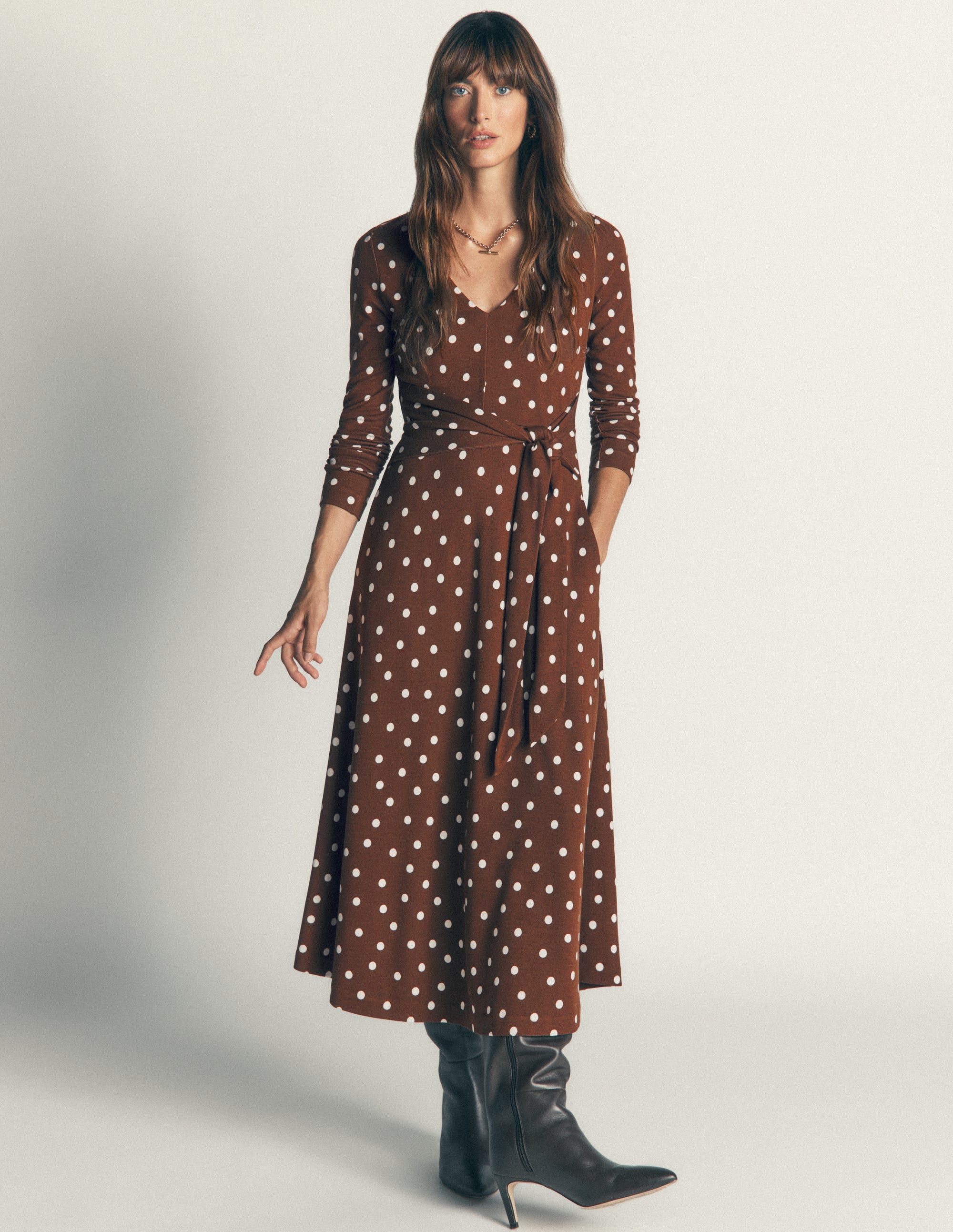 Tie Waist Ponte Dress-Raw Umber, Painted Dot - Image 4