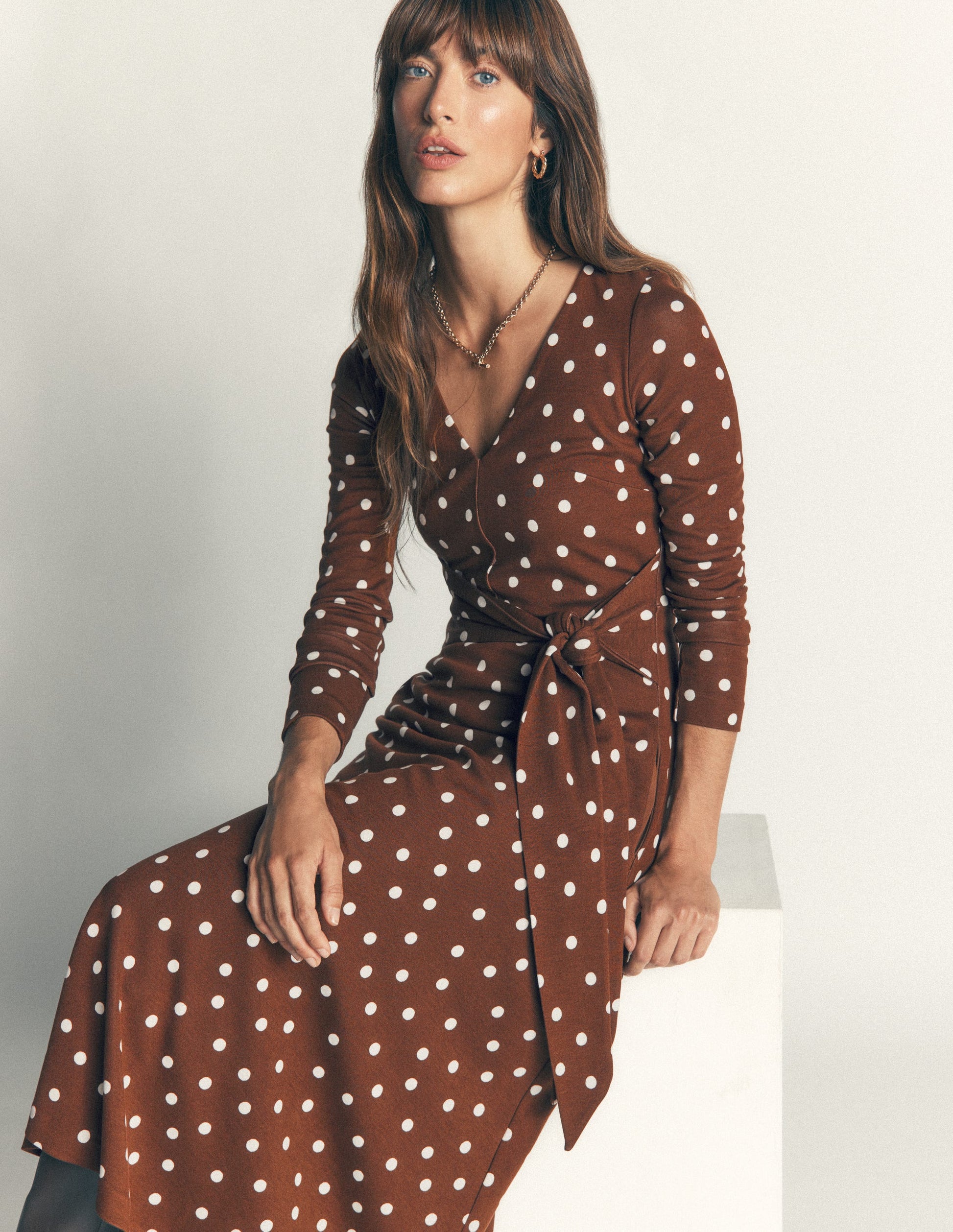 Tie Waist Ponte Dress-Raw Umber, Painted Dot-5