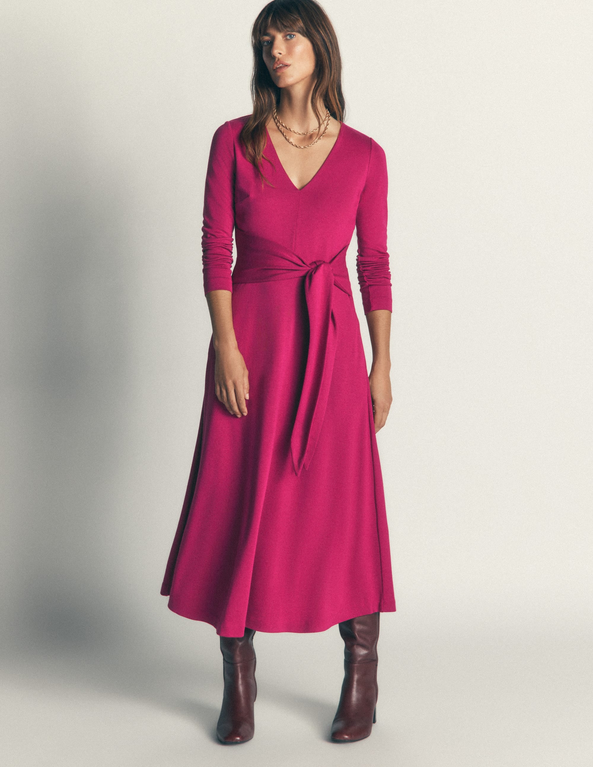 Tie Waist Ponte Dress-Beetroot Red - Image 1