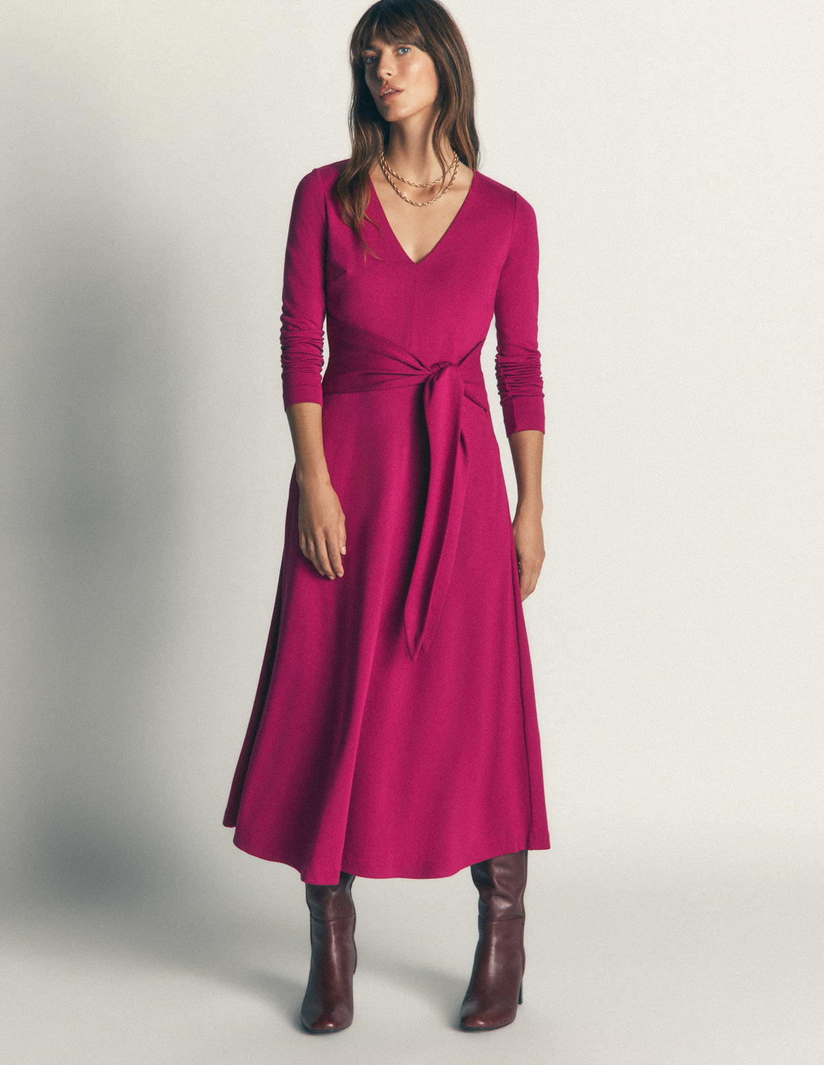 Tie Waist Ponte Dress-Beetroot Red - Image 1