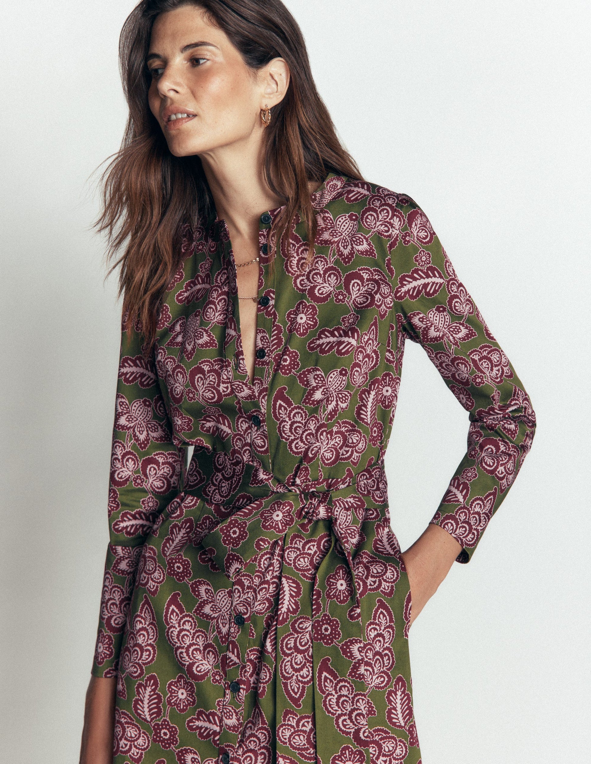 Louise Midi Shirt Dress-Forest Green, Tickled Meadows-2
