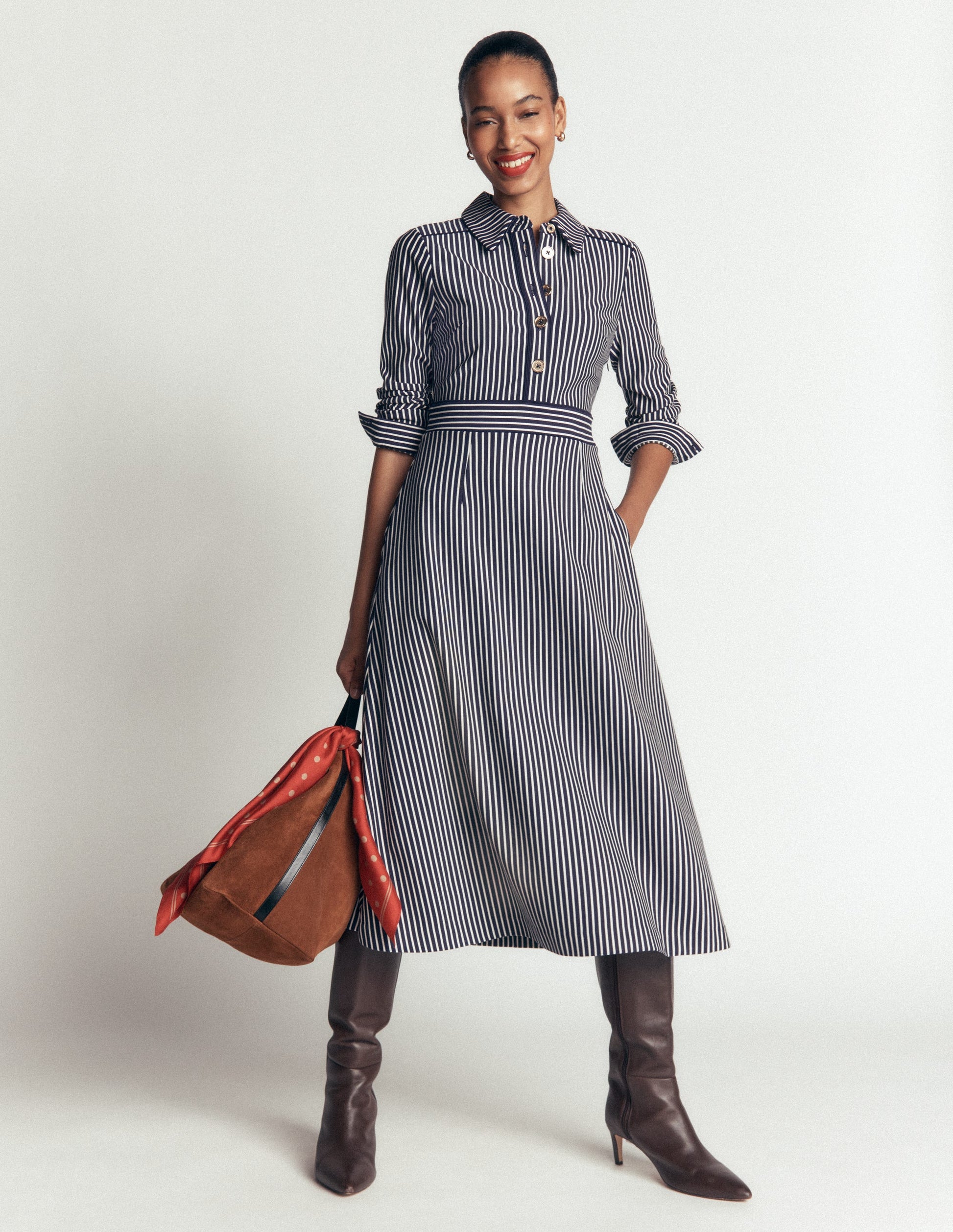 Etta Piping Detail Ponte Dress-Navy, Ivory Stripe-1