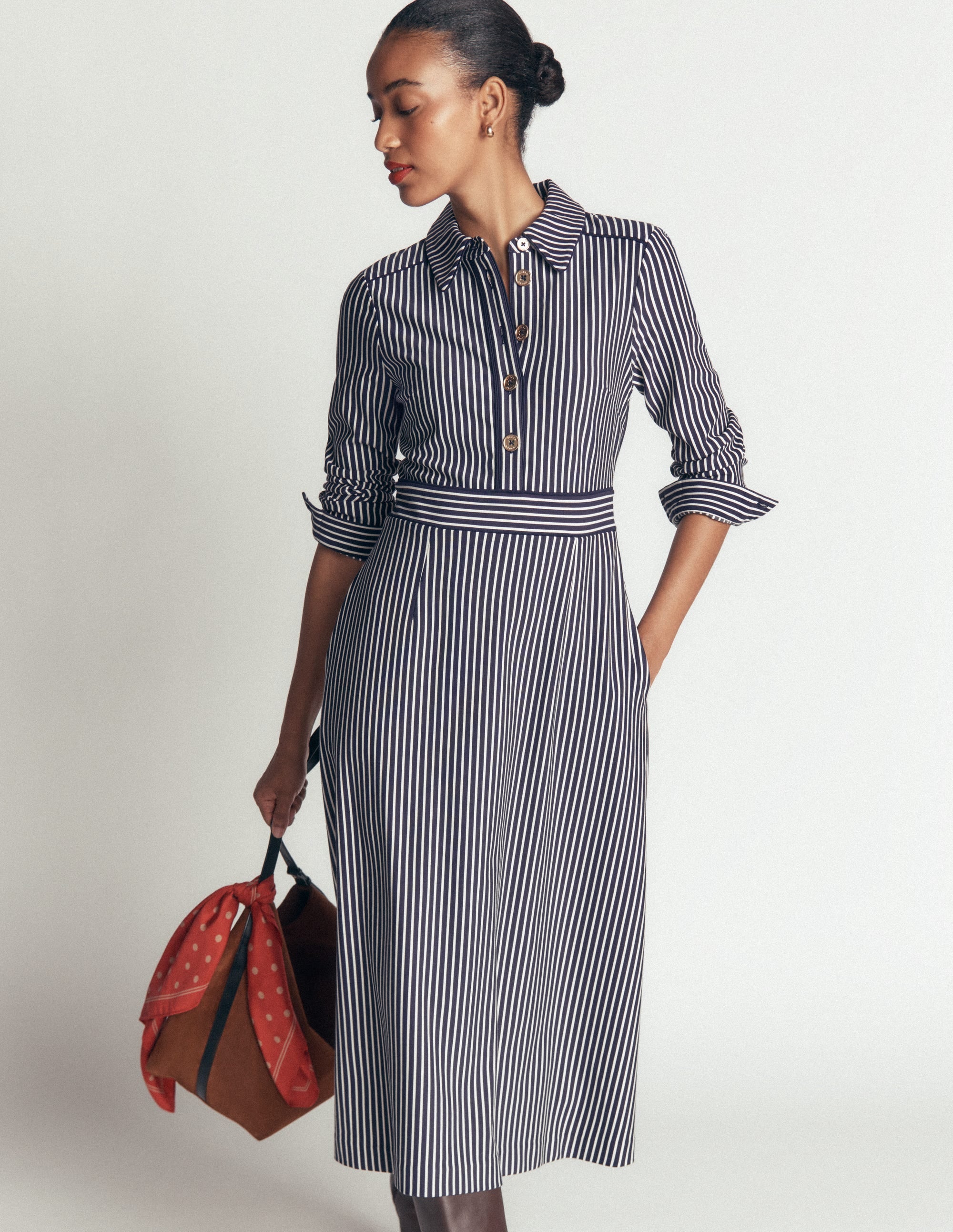 Etta Piping Detail Ponte Dress-Navy, Ivory Stripe - Image 4
