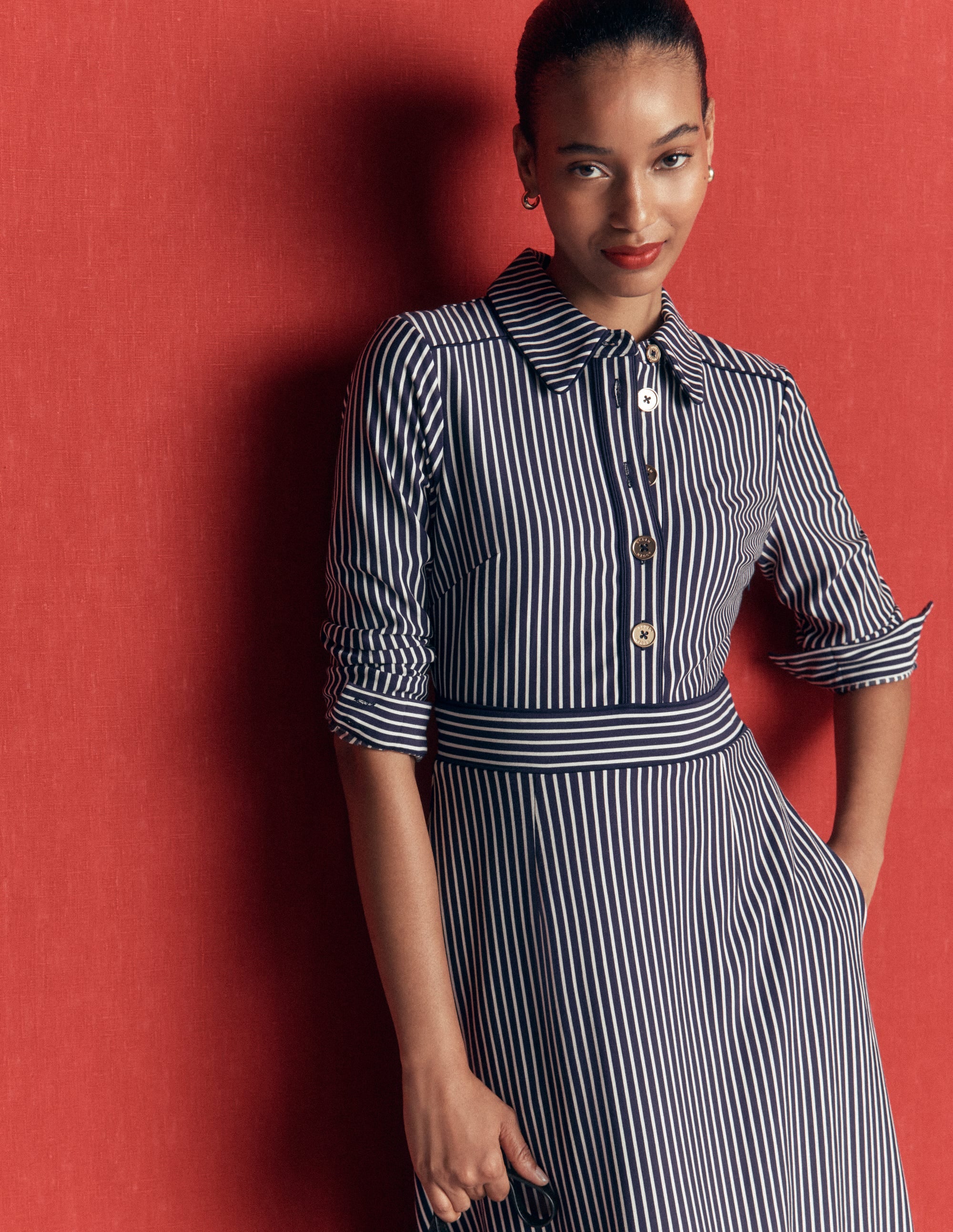 Etta Piping Detail Ponte Dress-Navy, Ivory Stripe - Image 5