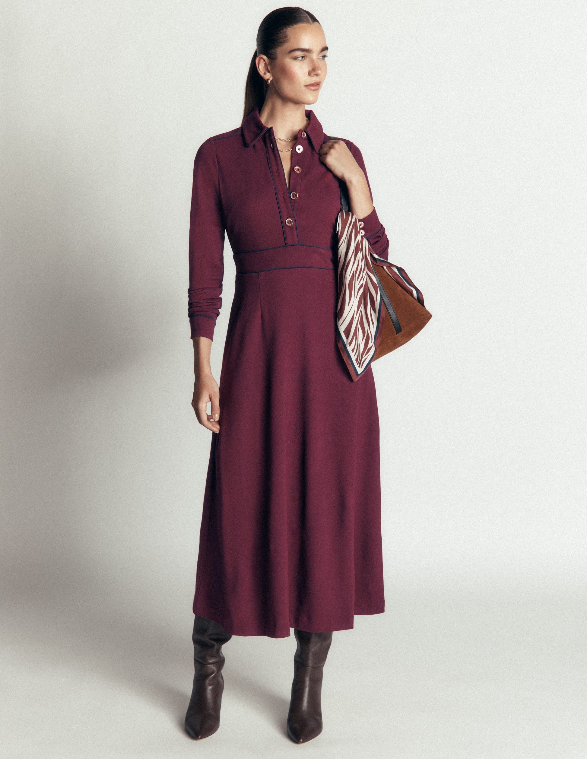 Etta Piping Detail Ponte Dress-Dark Cherry, Navy-1