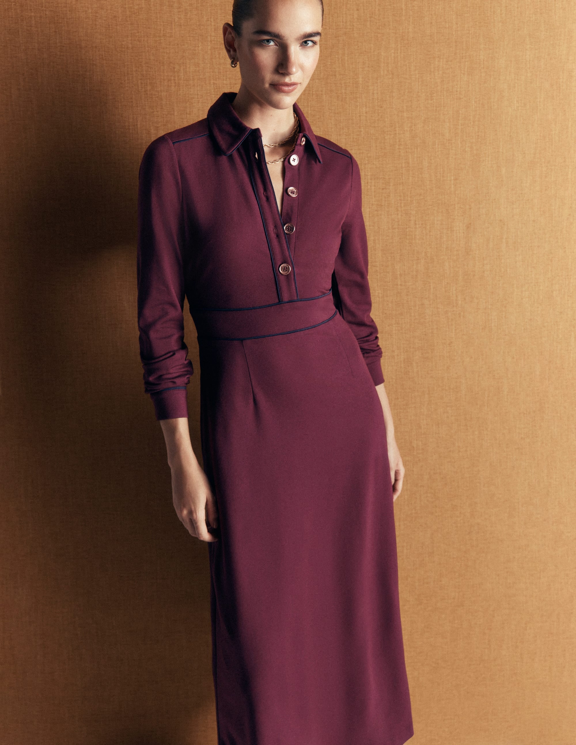 Etta Piping Detail Ponte Dress-Dark Cherry, Navy - Image 5