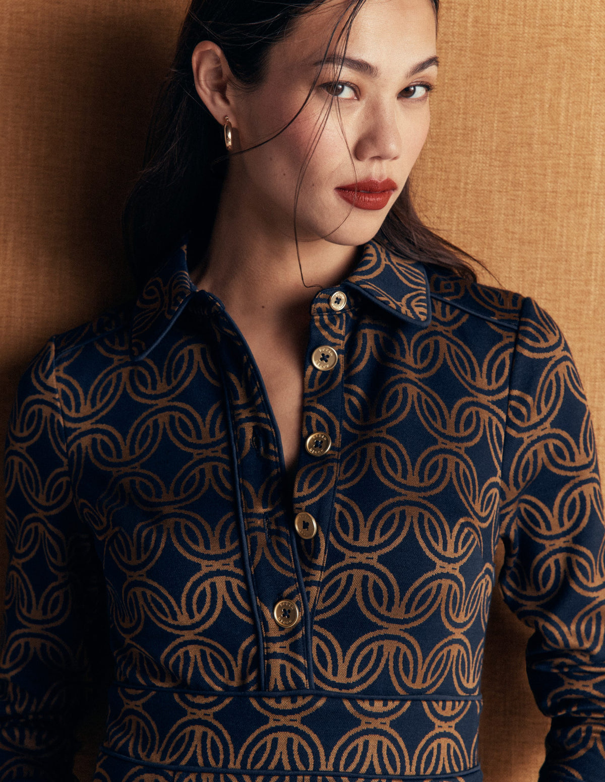 Etta Piping Detail Ponte Dress-Navy, Geo Parade Mono - Image 2
