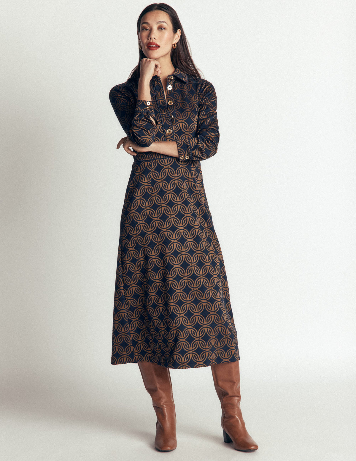 Etta Piping Detail Ponte Dress-Navy, Geo Parade Mono-5