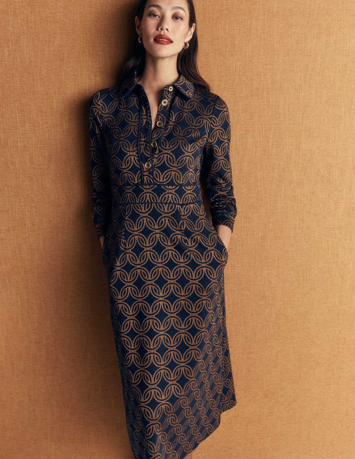 Etta Piping Detail Ponte Dress-Navy, Geo Parade Mono - Image 1
