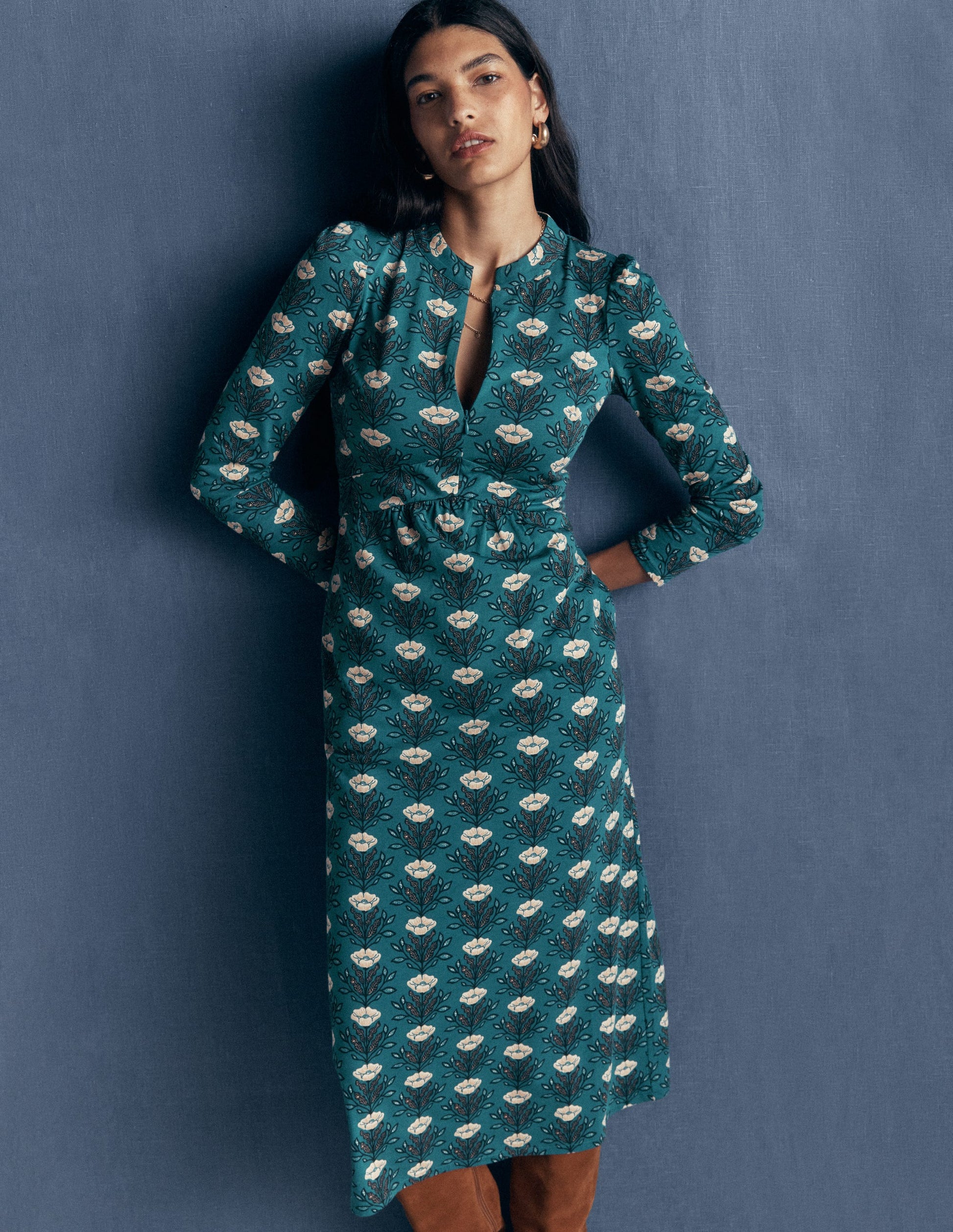 Hope Zip Detail Jersey Dress-Storm Blue, Flourishing Buds-1